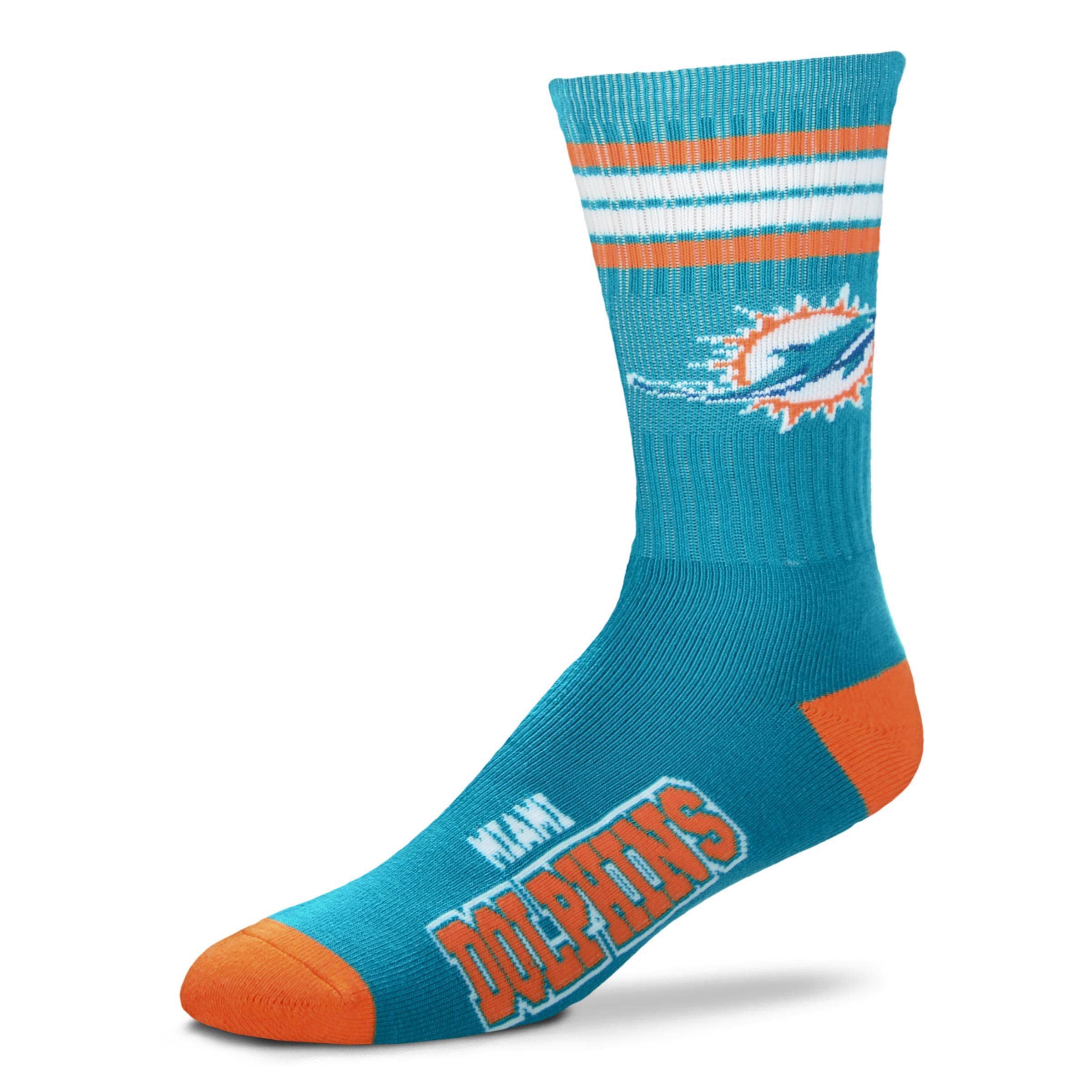 For Bare Feet NFL Youth 4 Stripe Deuce Crew Sock, Miami Dolphins, One Size - Sports Gifts, Sports Memorabilia, Sports Collectibles, Fan Shop