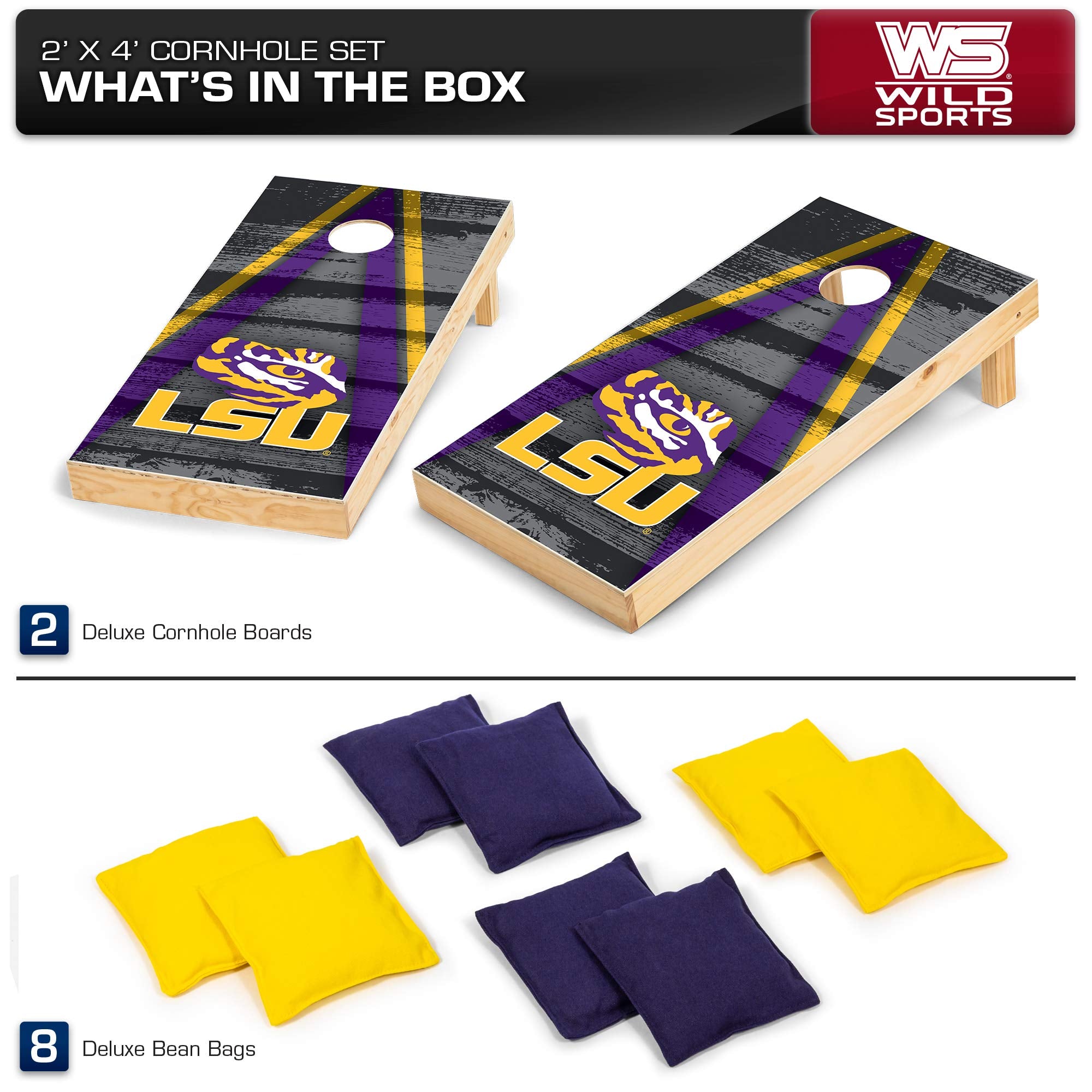 Wild Sports 2' x 4' Wood Tournament Cornhole Set - Direct Printed - LSU Tigers- perfect for Backyard, Beach, Park, Tailgates, Outdoors and Indoors - Sports Collectibles, Sports Memorabilia, Sports Fan Shop, Sports Gifts