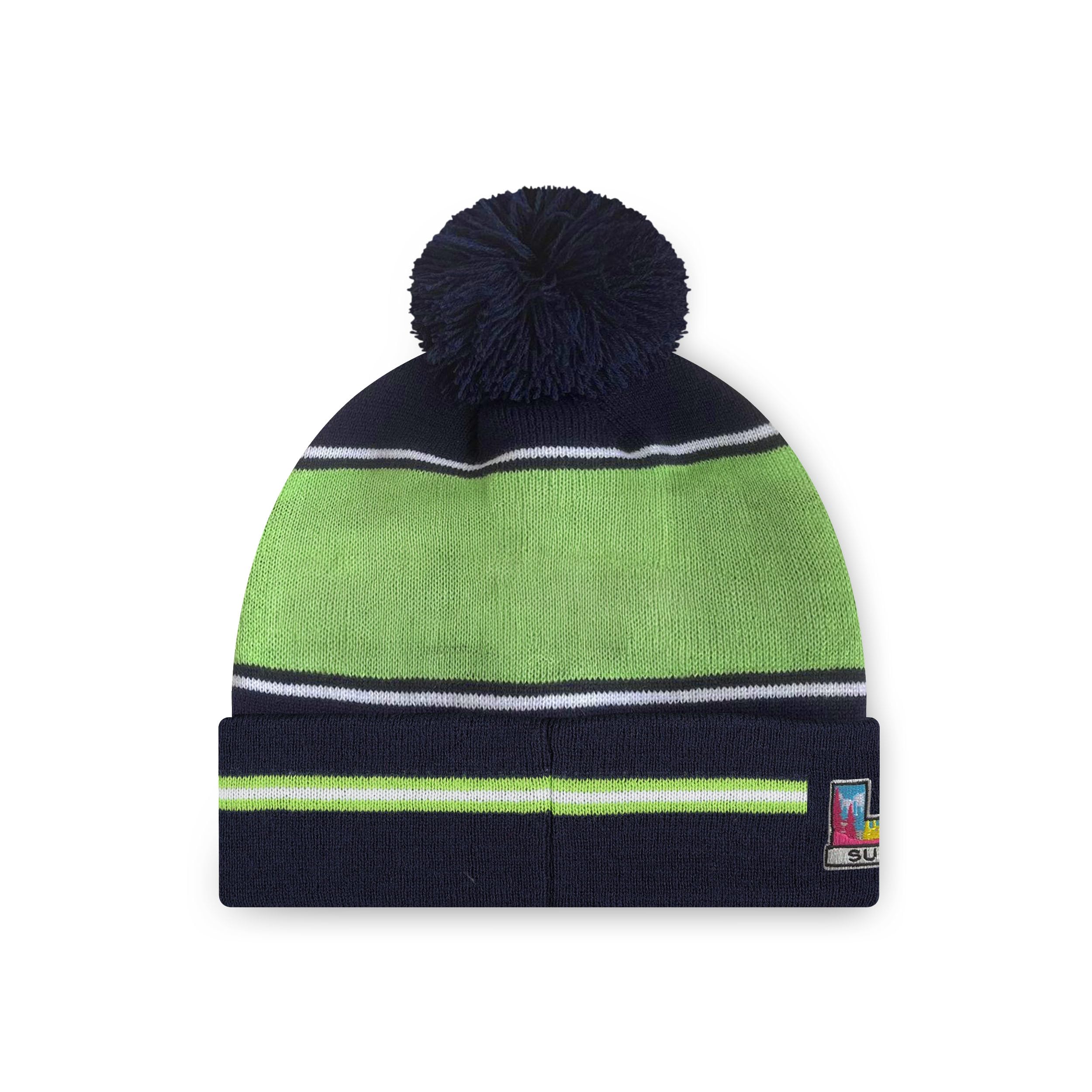 FOCO Seattle Seahawks NFL Super Bowl LX Champions Big Wordmark Stripe Pom Beanie - Sports Gifts, Sports Memorabilia, Sports Collectibles, Fan Shop