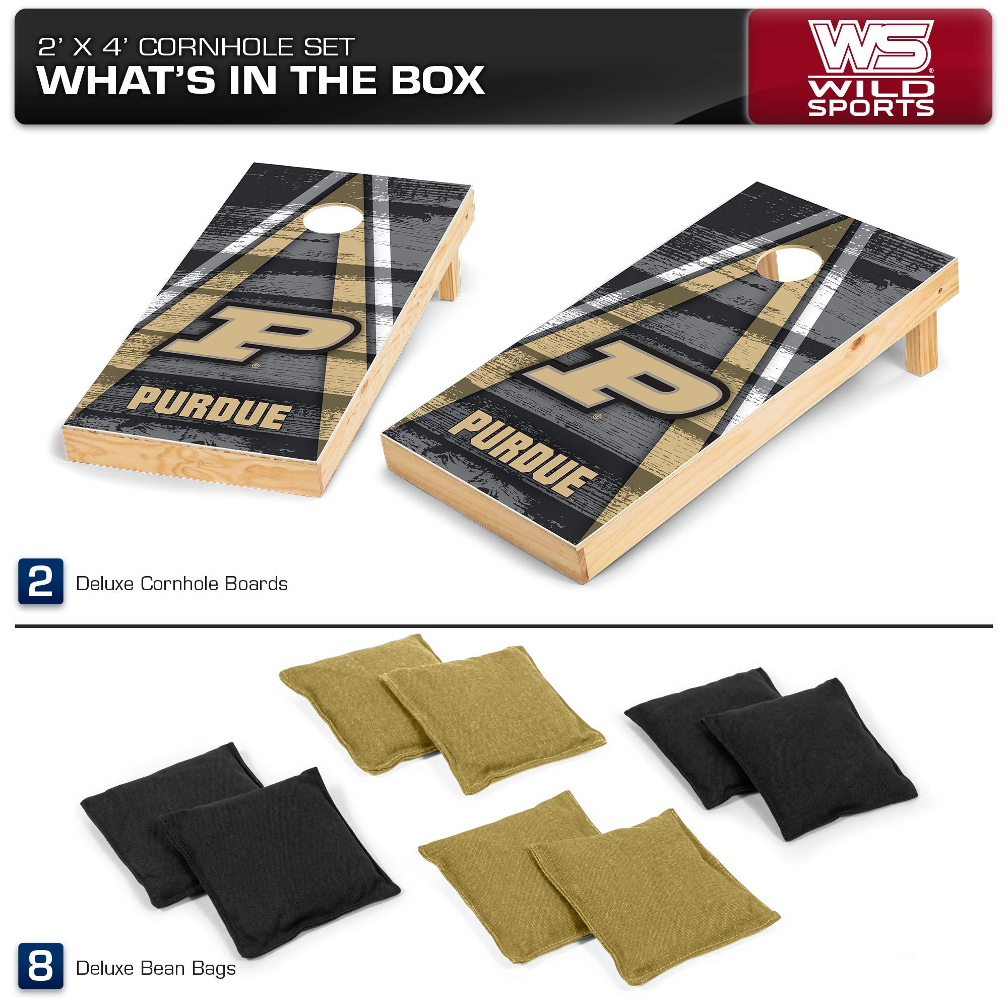 Wild Sports 2' x 4' Wood Tournament Cornhole Set - Direct Printed - Purdue Boilermakers- perfect for Backyard, Beach, Park, Tailgates, Outdoors and Indoors - Sports Collectibles, Sports Memorabilia, Sports Fan Shop, Sports Gifts