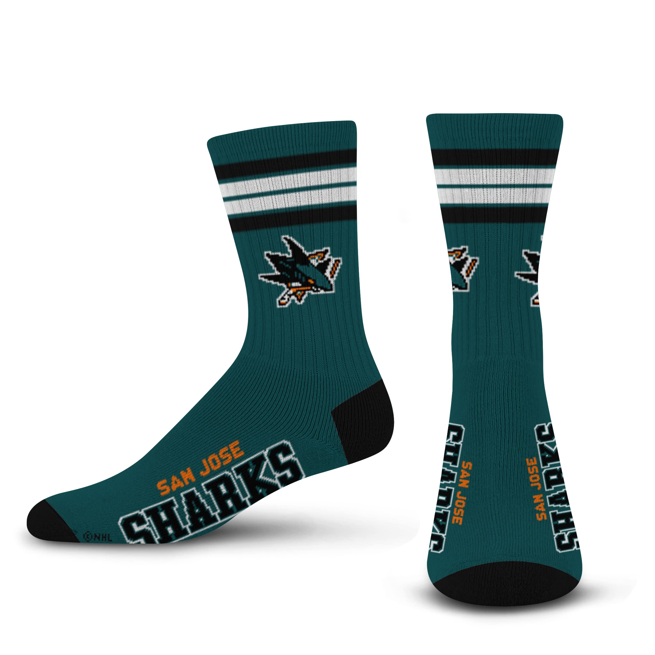 For Bare Feet NHL San Jose Sharks 4 Stripe Deuce Crew Sock Team Color MEDIUM