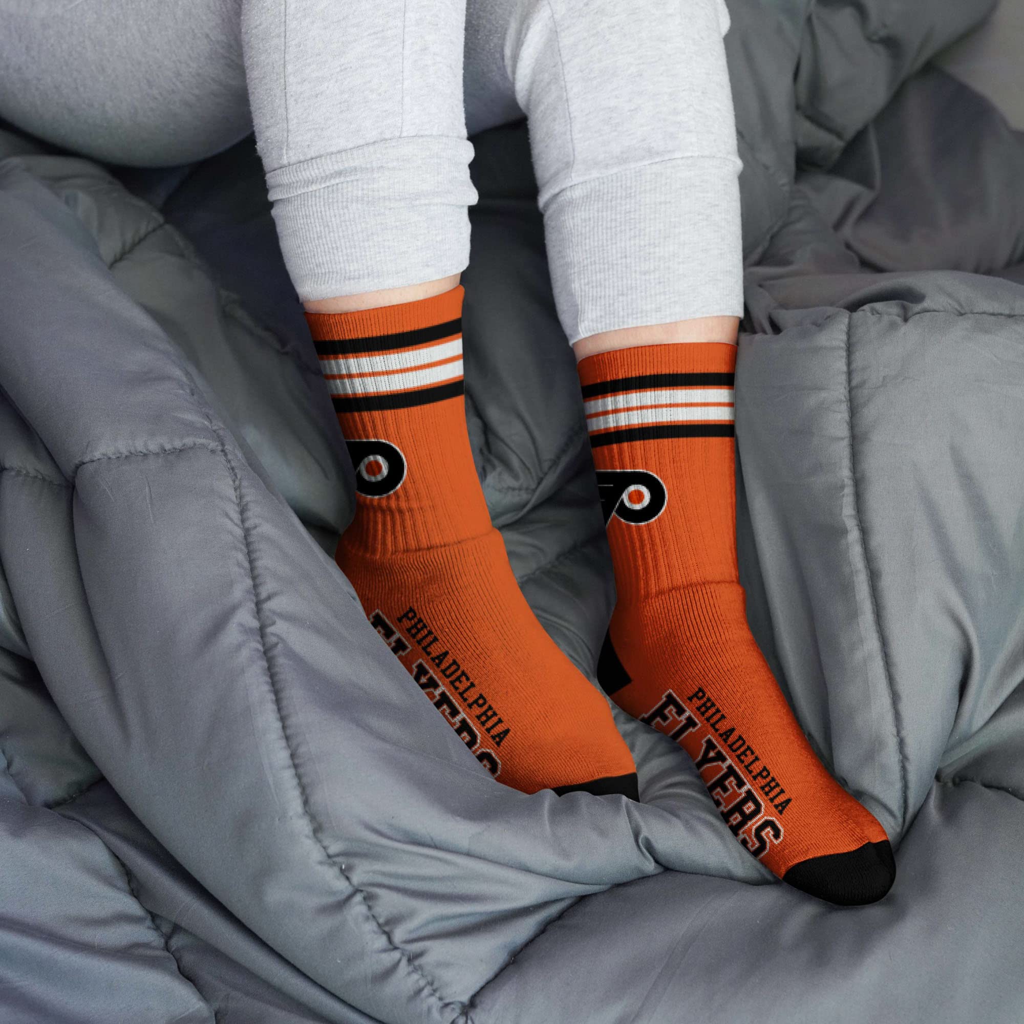 For Bare Feet NHL Philadelphia Flyers 4 Stripe Deuce Crew Sock Team Color MEDIUM - Sports Gifts, Sports Memorabilia, Sports Collectibles, Fan Shop