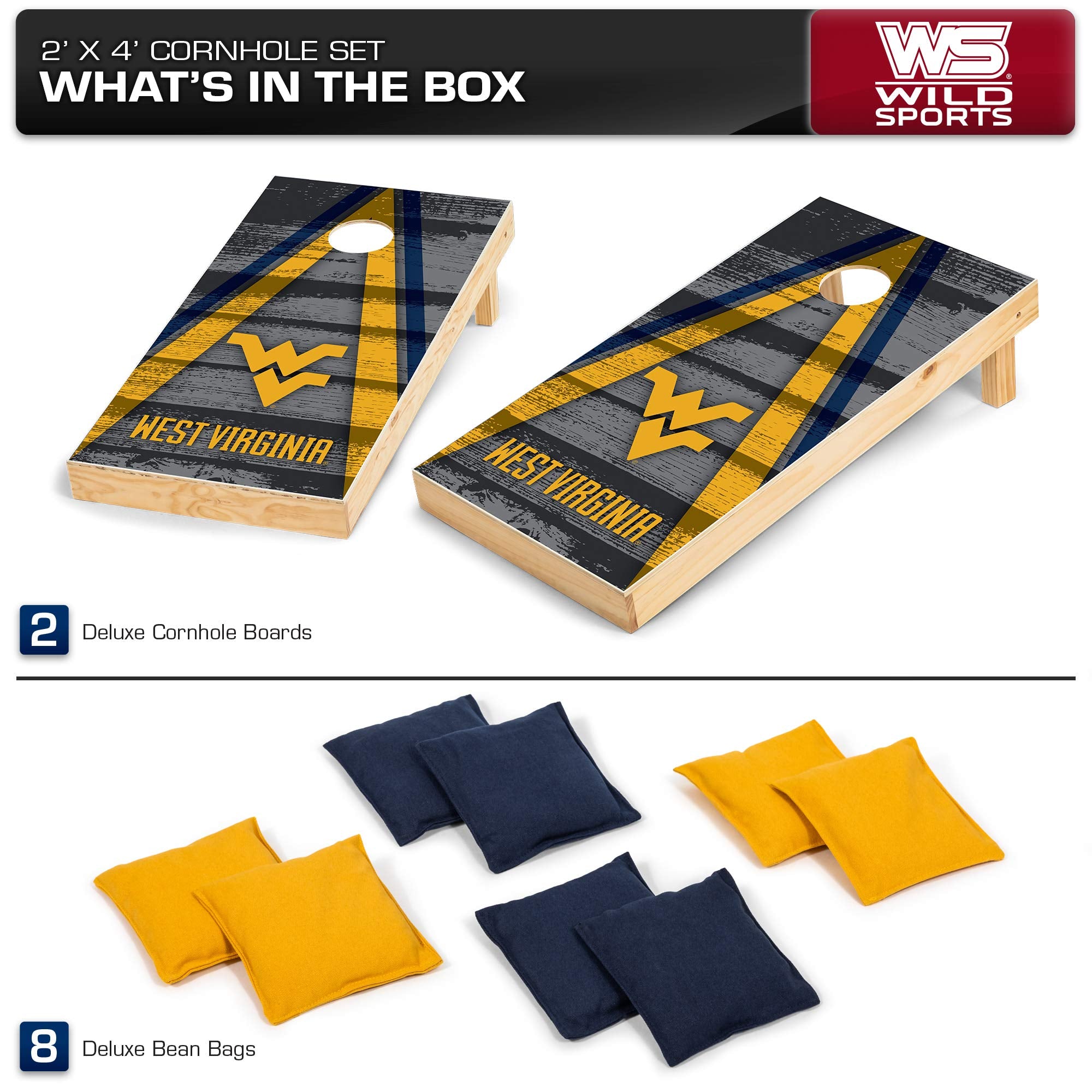 Wild Sports 2' x 4' Wood Tournament Cornhole Set - Direct Printed - West Virginia Mountaineers- perfect for Backyard, Beach, Park, Tailgates, Outdoors and Indoors - Sports Collectibles, Sports Memorabilia, Sports Fan Shop, Sports Gifts