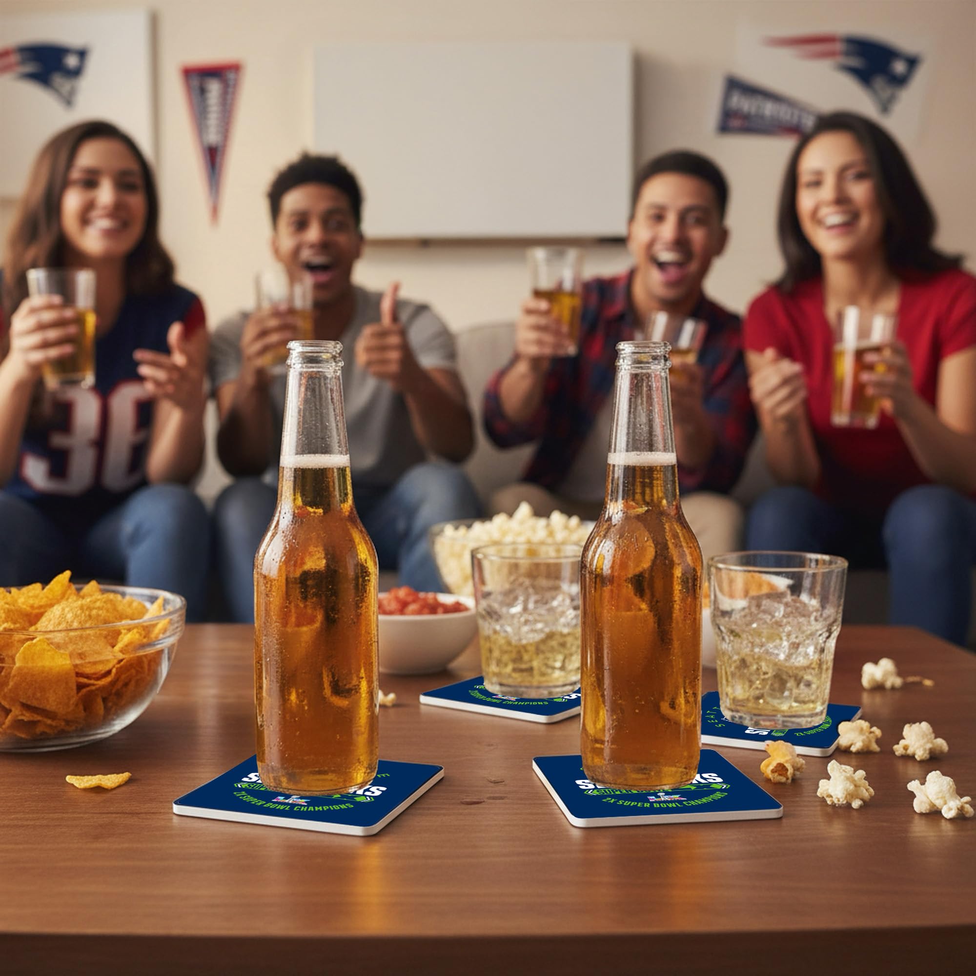 Fan Creations Seattle Seahawks Super Bowl LX Champions Coaster Set - Absorbent Ceramic Stone Drink Coasters with Cork Backing - Commemorative NFL Home & Man Cave Decor - 4-Pack - Sports Gifts, Sports Memorabilia, Sports Collectibles, Fan Shop