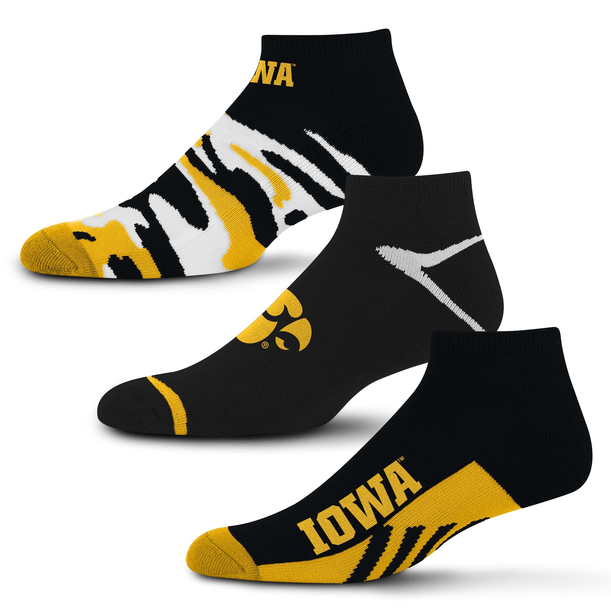 For Bare Feet NCAA Iowa Hawkeyes CAMO BOOM 3 Pack Ankle Sock Team Colors Large - Sports Gifts, Sports Memorabilia, Sports Collectibles, Fan Shop
