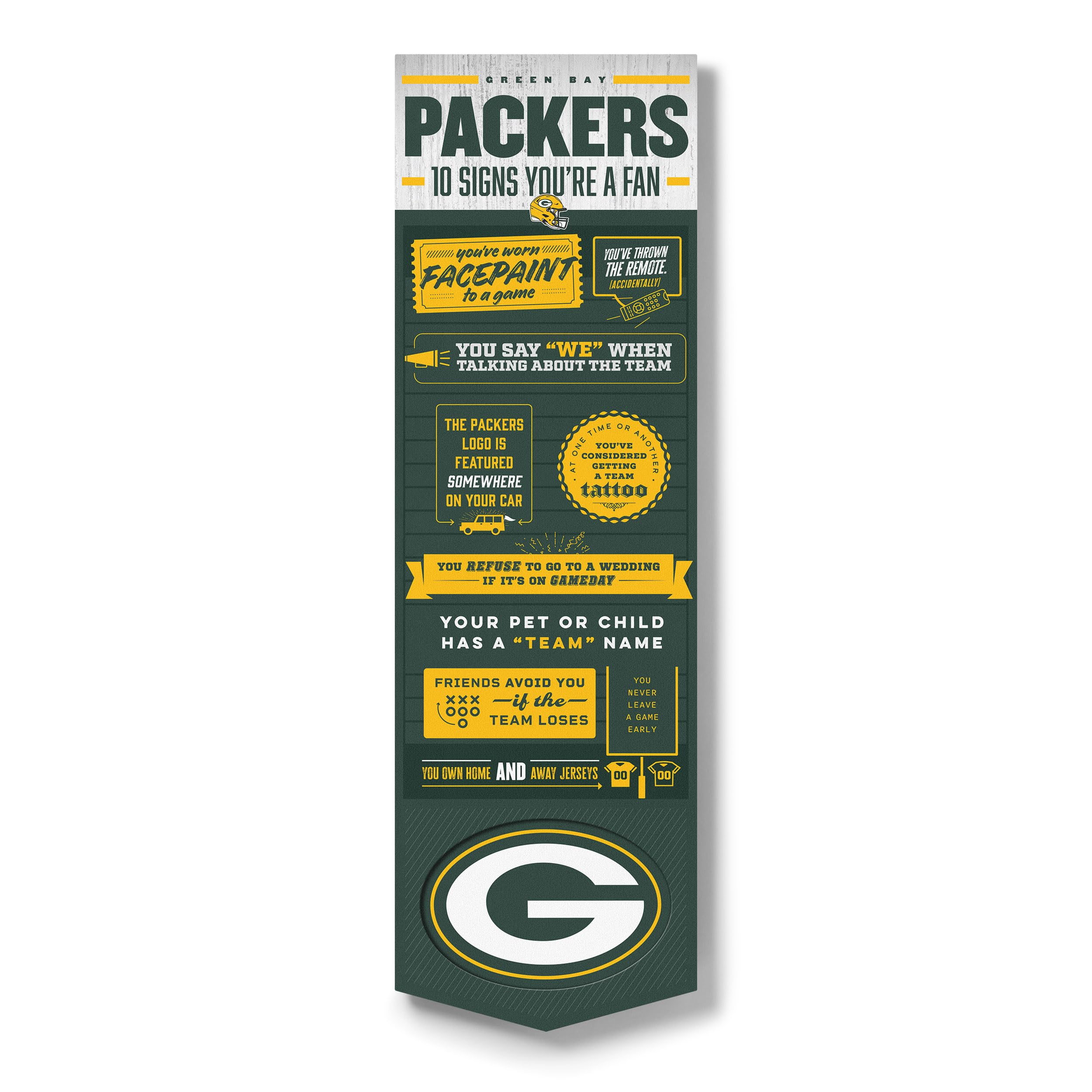 YouTheFan Officially-licensed NFL Green Bay Packers 6x19 Top 10 Signs Banner - humorous descriptions - fun sports fan phrases, original design, indoor team wall decor fan gift - Sports Collectibles, Sports Memorabilia, Sports Fan Shop, Sports Gifts