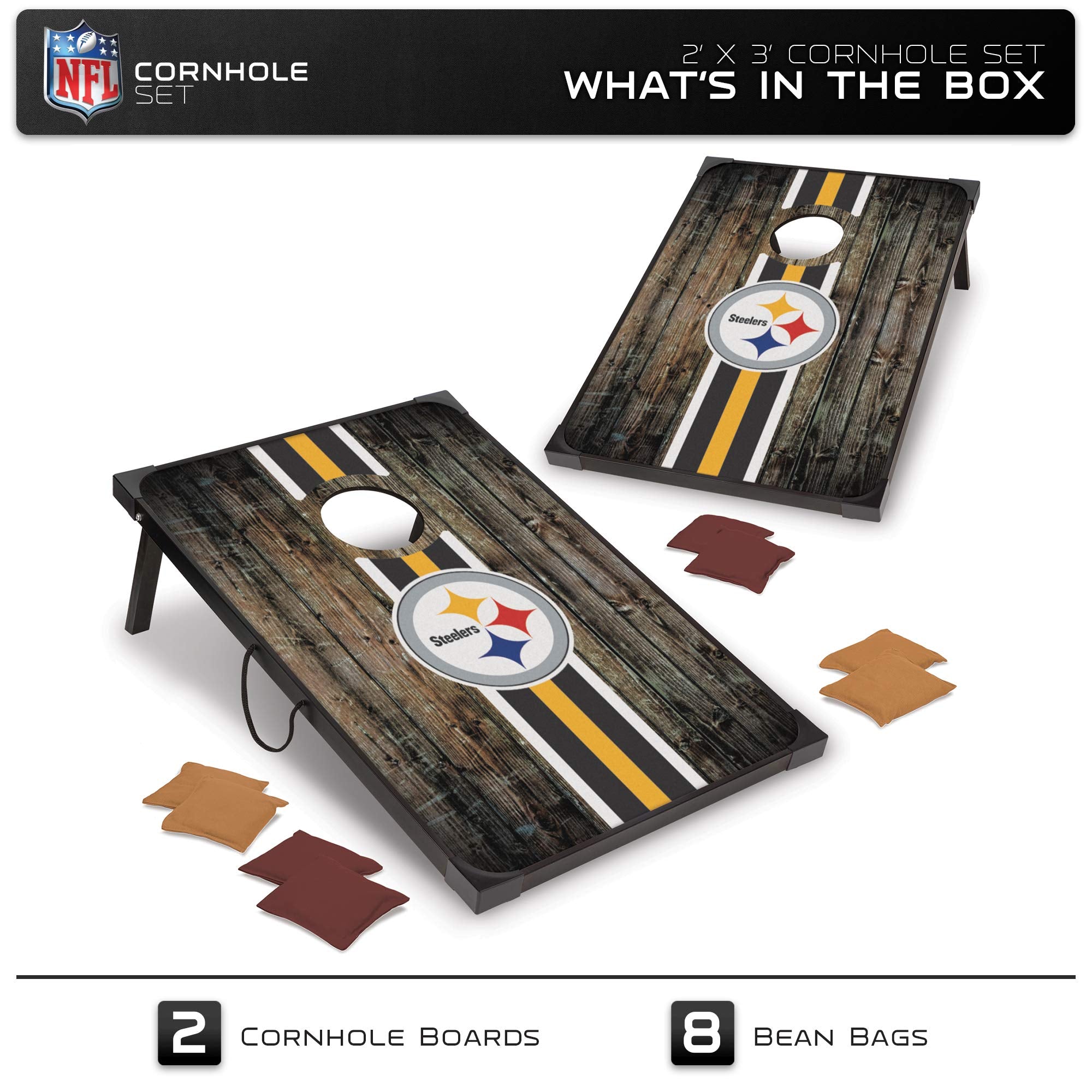 Wild Sports NFL Pittsburgh Steelers 2' x 3' MDF Deluxe Cornhole Set - with Corners and Aprons, Team Color - Sports Collectibles, Sports Memorabilia, Sports Fan Shop, Sports Gifts