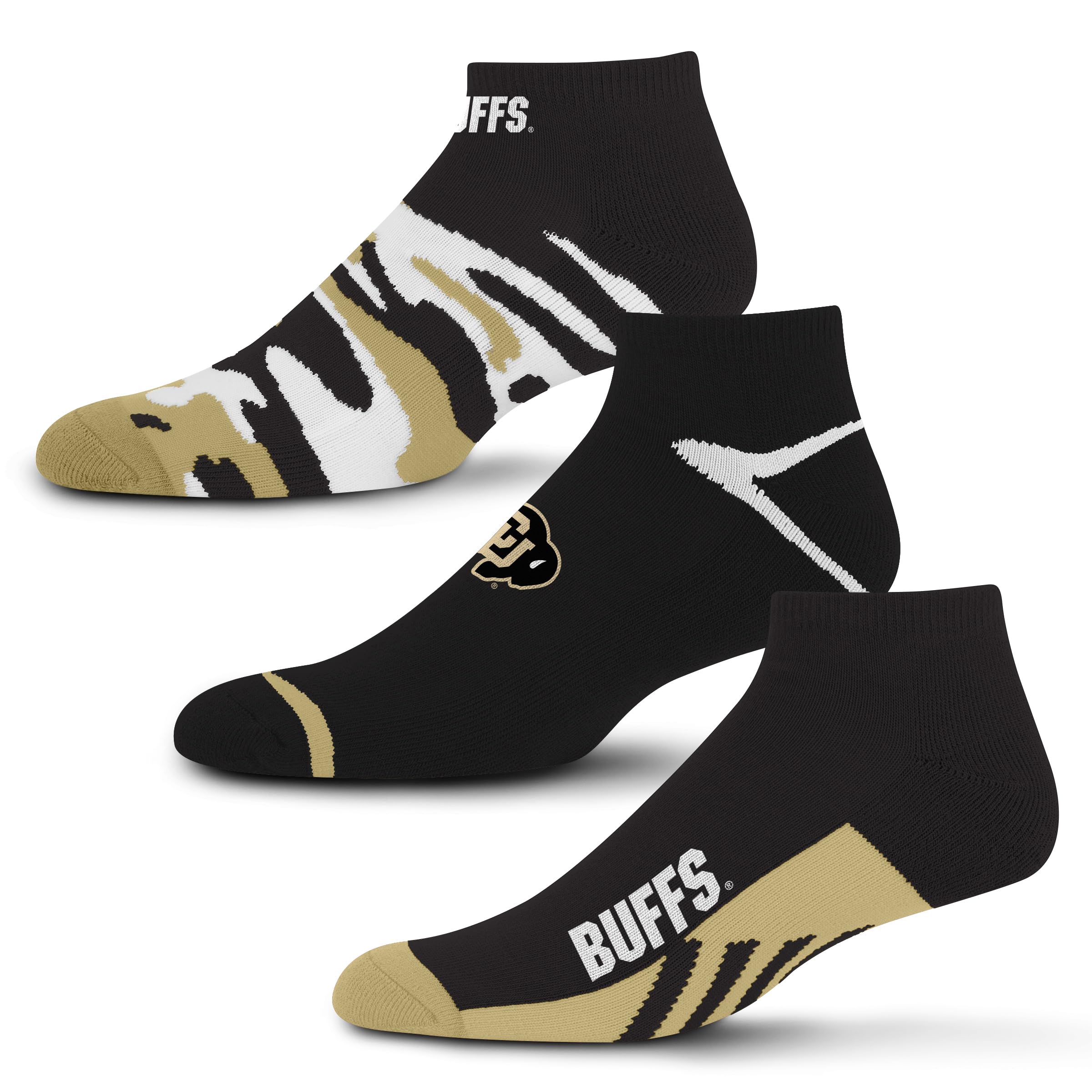 For Bare Feet NCAA Colorado Buffaloes CAMO BOOM 3 Pack Ankle Sock Team Colors Large - Sports Gifts, Sports Memorabilia, Sports Collectibles, Fan Shop
