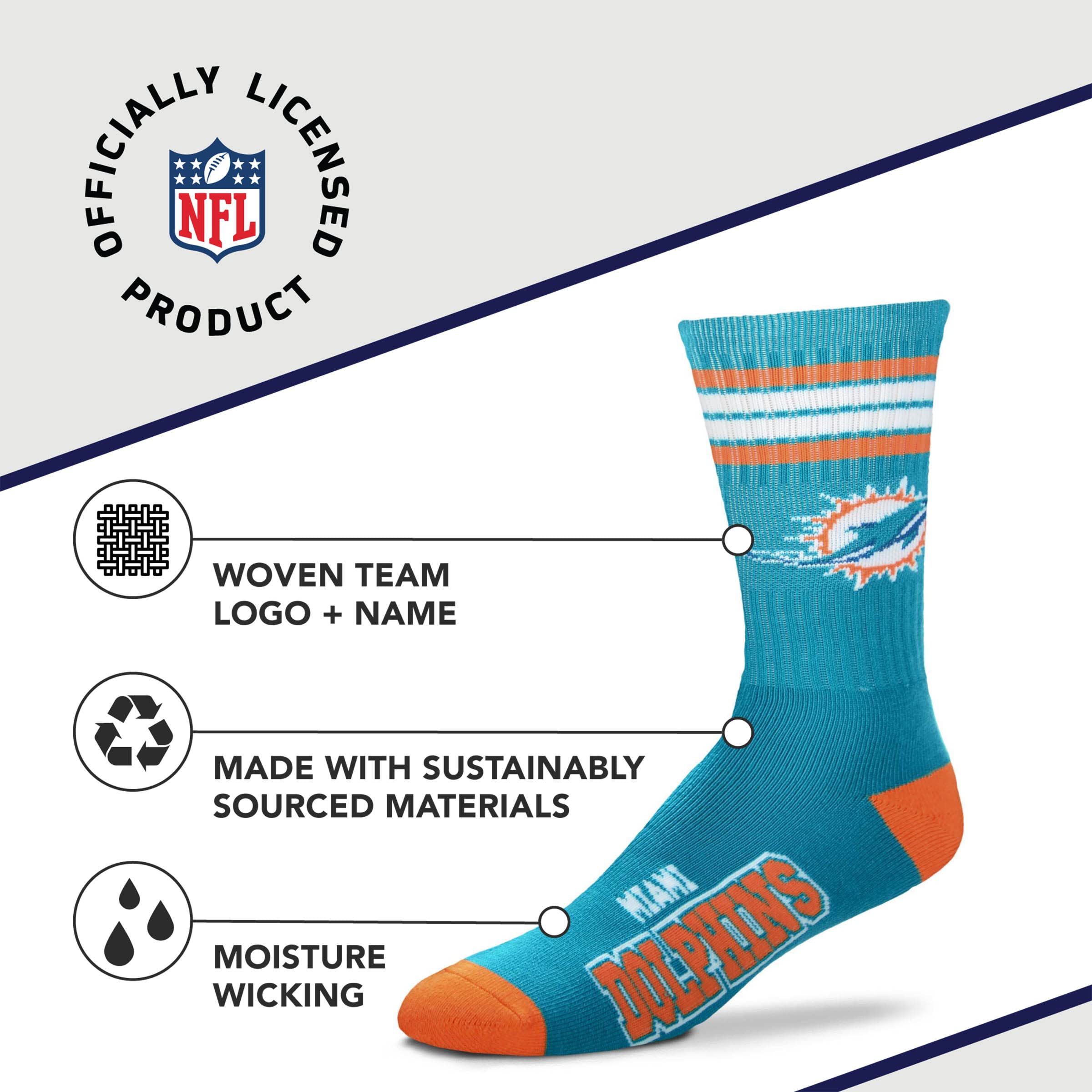For Bare Feet NFL Youth 4 Stripe Deuce Crew Sock, Miami Dolphins, One Size - Sports Gifts, Sports Memorabilia, Sports Collectibles, Fan Shop