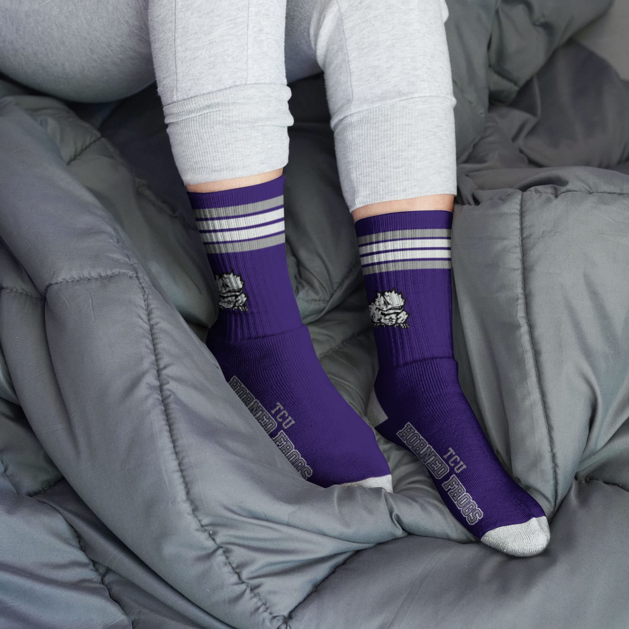 For Bare Feet NCAA TCU Horned Frogs 4 Stripe Deuce Crew Sock Team Color MEDIUM - Sports Gifts, Sports Memorabilia, Sports Collectibles, Fan Shop