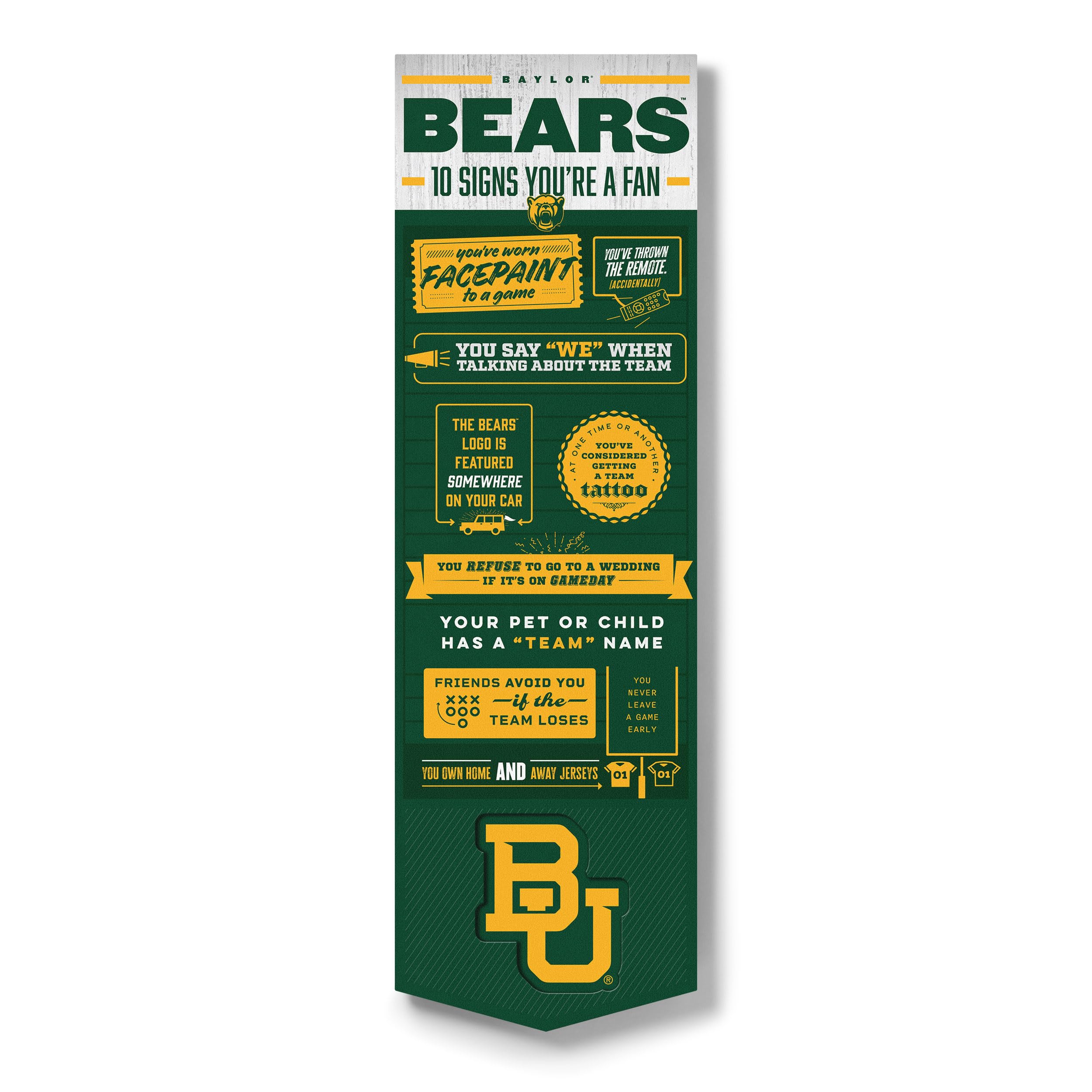 YouTheFan Officially-licensed NCAA Baylor Bears 6x19 Top 10 Signs Banner - humorous descriptions - fun sports fan phrases, original design, indoor team wall decor fan gift - Sports Collectibles, Sports Memorabilia, Sports Fan Shop, Sports Gifts
