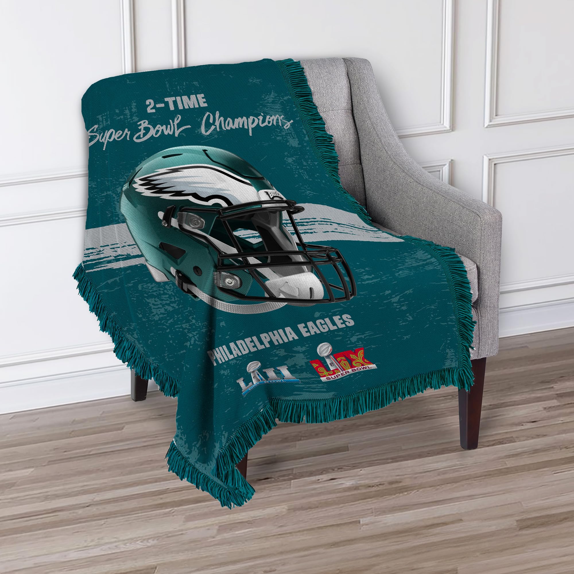 Northwest NFL Philadelphia Eagles 2025 Super Bowl LIX Multi Champ Powerhouse Woven Tapestry Throw Blanket 48X60 Inches - Sports Collectibles, Sports Memorabilia, Sports Fan Shop, Sports Gifts