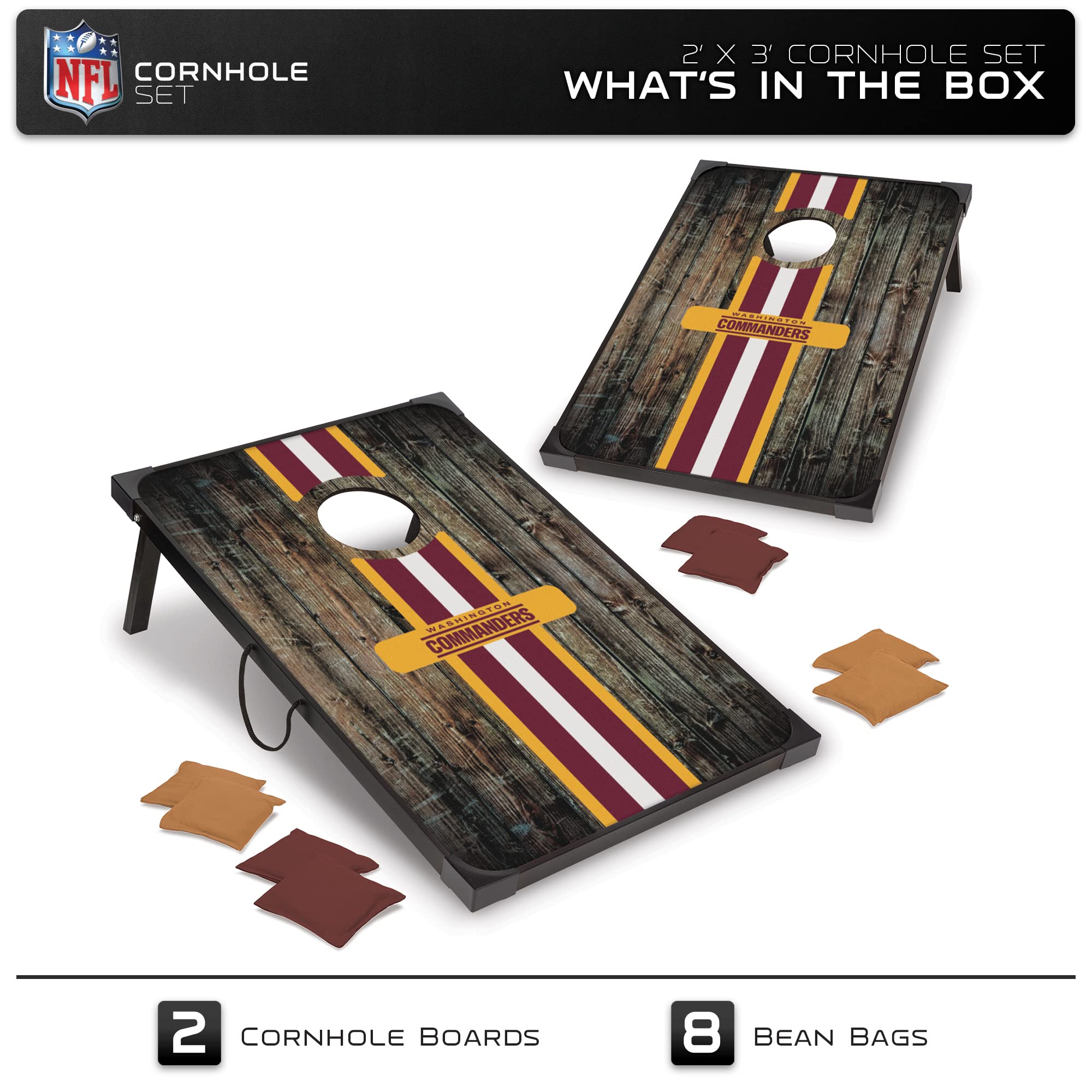 NFL Pro Football 2' x 3' MDF Wood Deluxe Cornhole Set by Wild Sports, Comes with 8 Bean Bags - Perfect for Tailgate, Outdoor, Backyard - Washington Commanders - Sports Collectibles, Sports Memorabilia, Sports Fan Shop, Sports Gifts