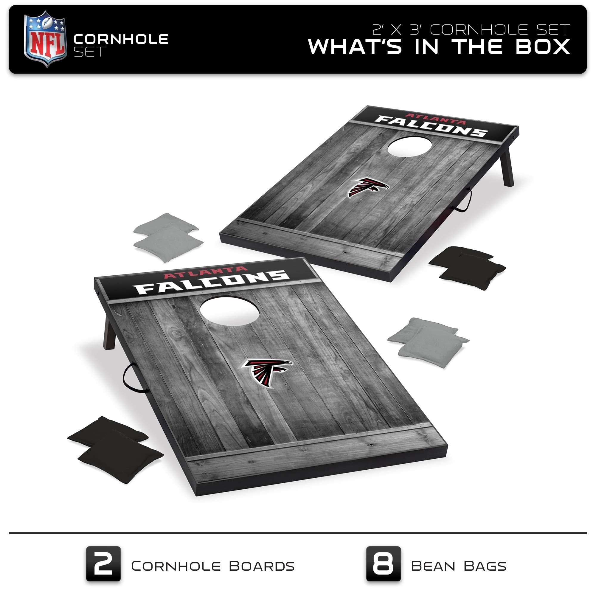 Wild Sports 2'x3' MDF Wood NFL Atlanta Falcons Cornhole Set - Grey Wood Design - Sports Collectibles, Sports Memorabilia, Sports Fan Shop, Sports Gifts