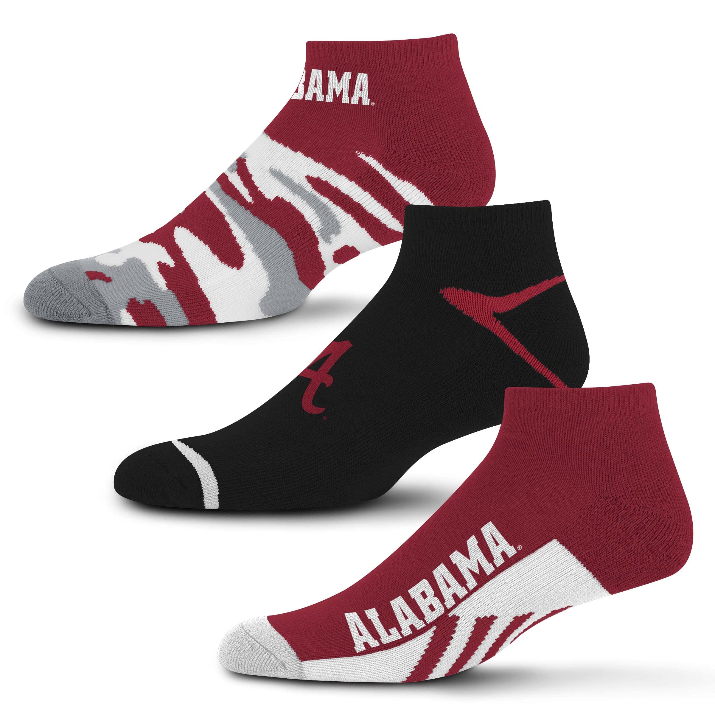 For Bare Feet NCAA Alabama Crimson Tide CAMO BOOM 3 Pack Ankle Sock Team Colors Large - Sports Gifts, Sports Memorabilia, Sports Collectibles, Fan Shop