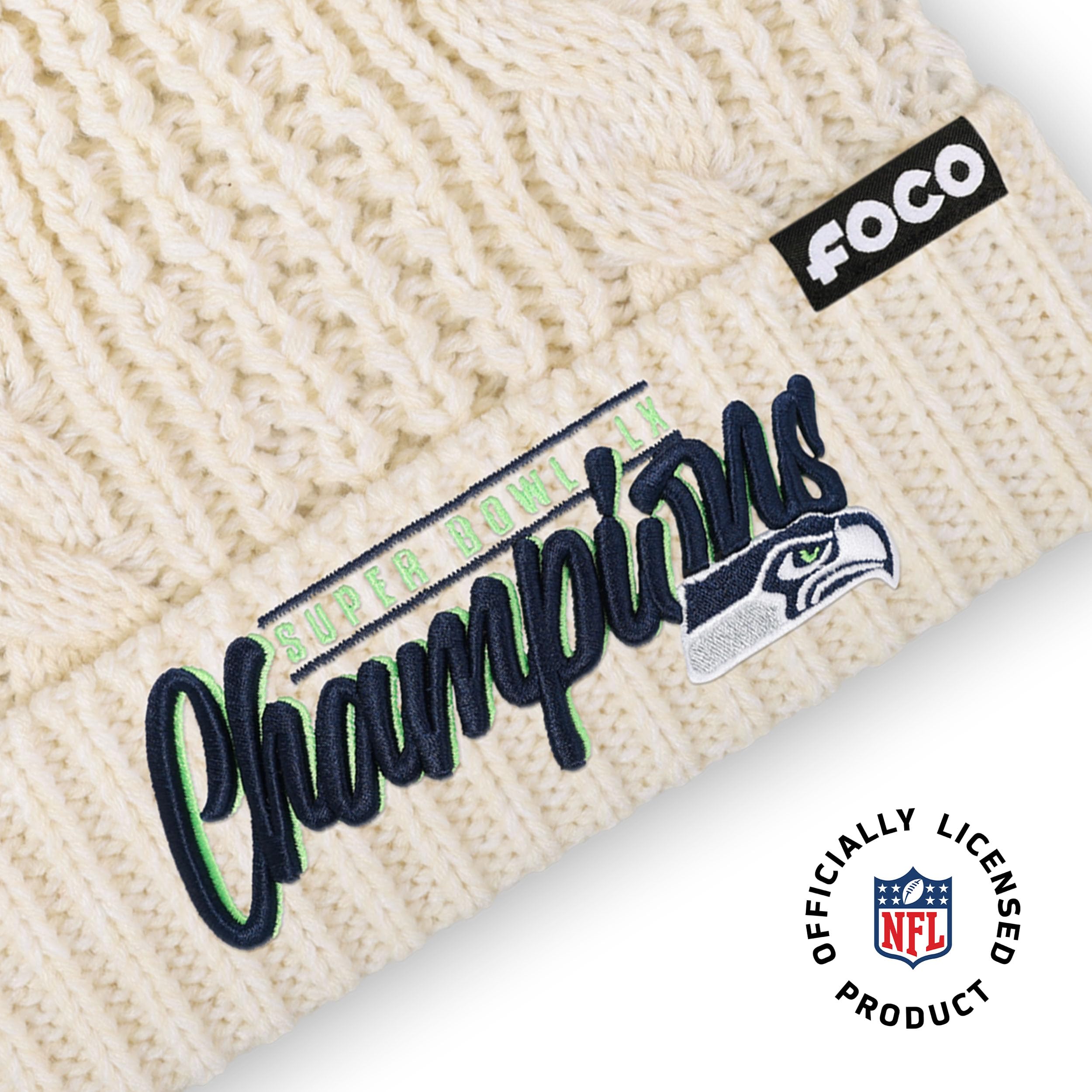 FOCO Seattle Seahawks NFL Super Bowl LX Champions Primary Logo White Cable Knit Pom Beanie - Sports Gifts, Sports Memorabilia, Sports Collectibles, Fan Shop