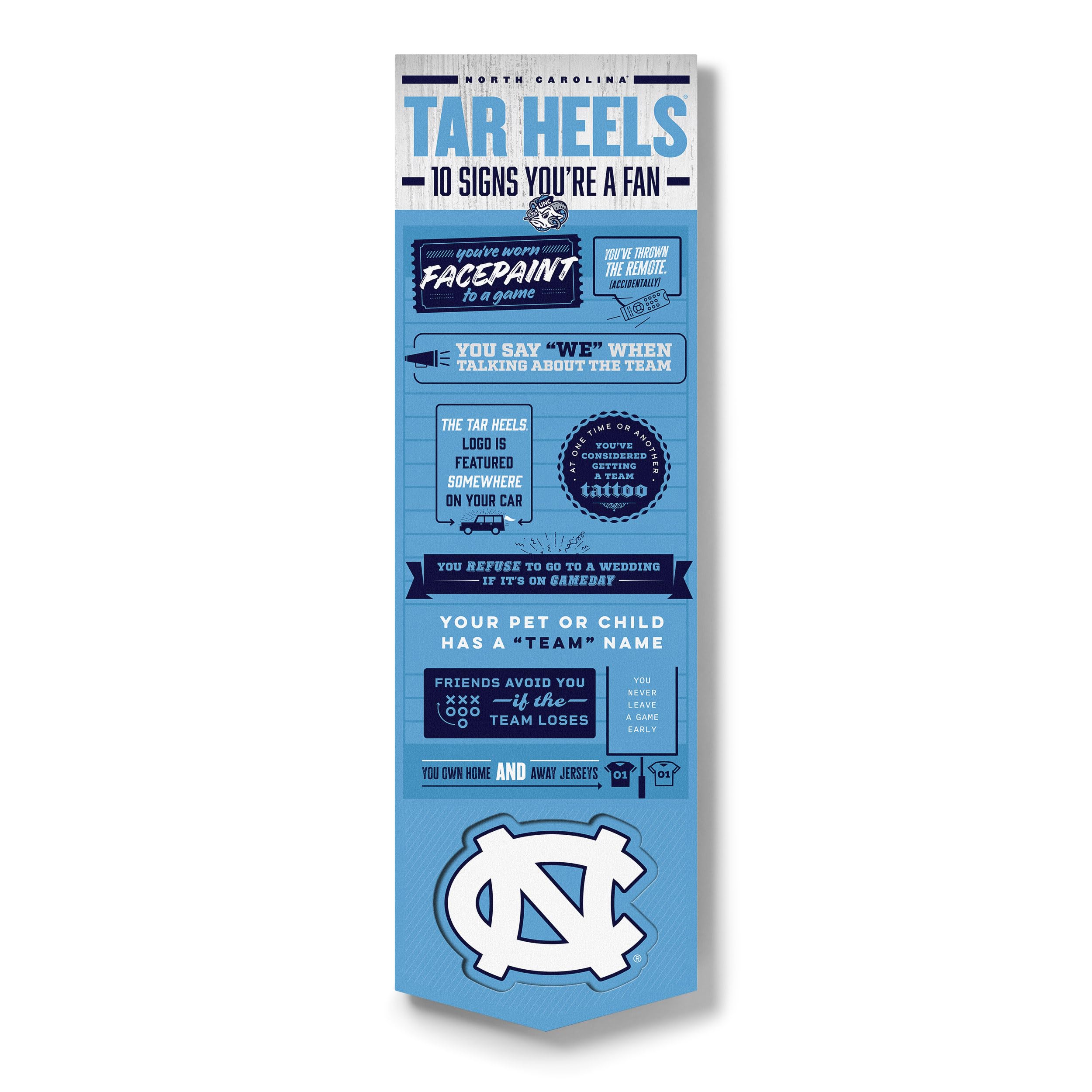 YouTheFan Officially-licensed NCAA North Carolina Tar Heels 6x19 Top 10 Signs Banner - humorous descriptions - fun sports fan phrases, original design, indoor team wall decor fan gift - Sports Collectibles, Sports Memorabilia, Sports Fan Shop, Sports Gifts