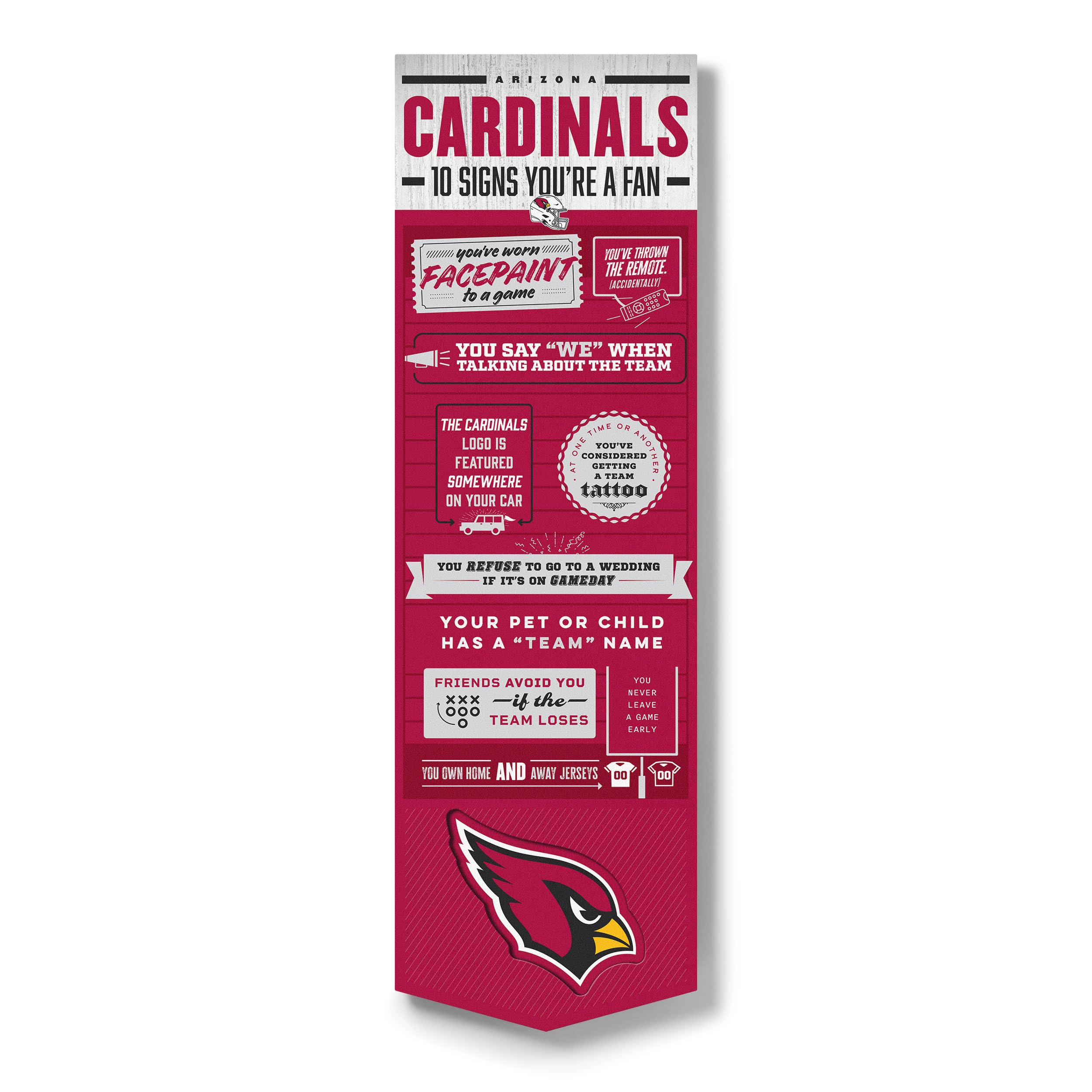 YouTheFan Officially-licensed NFL Arizona Cardinals 6x19 Top 10 Signs Banner - humorous descriptions - fun sports fan phrases, original design, indoor team wall decor fan gift - Sports Collectibles, Sports Memorabilia, Sports Fan Shop, Sports Gifts