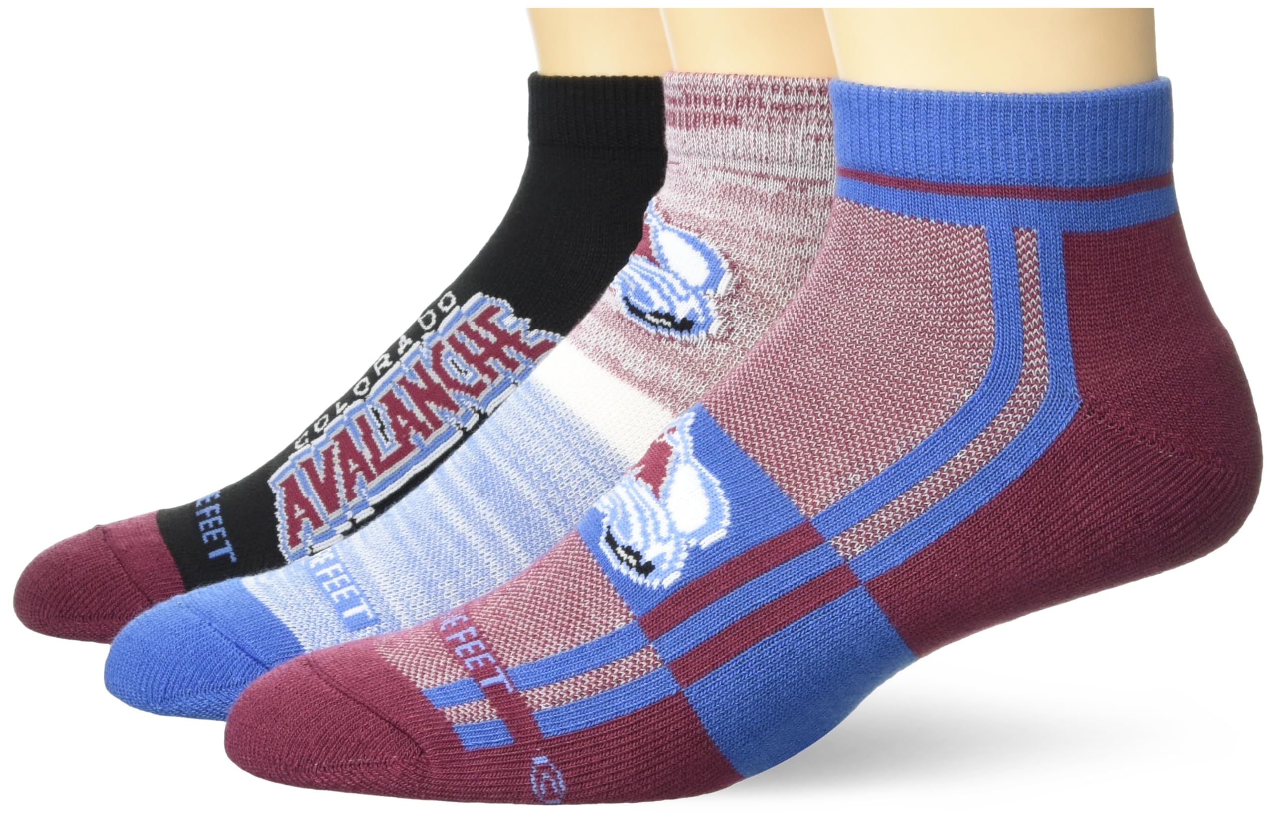 For Bare Feet NHL COLORADO AVALANCHE Stripe Stack 3 Pack Ankle Sock Team Colors Large - Sports Gifts, Sports Memorabilia, Sports Collectibles, Fan Shop