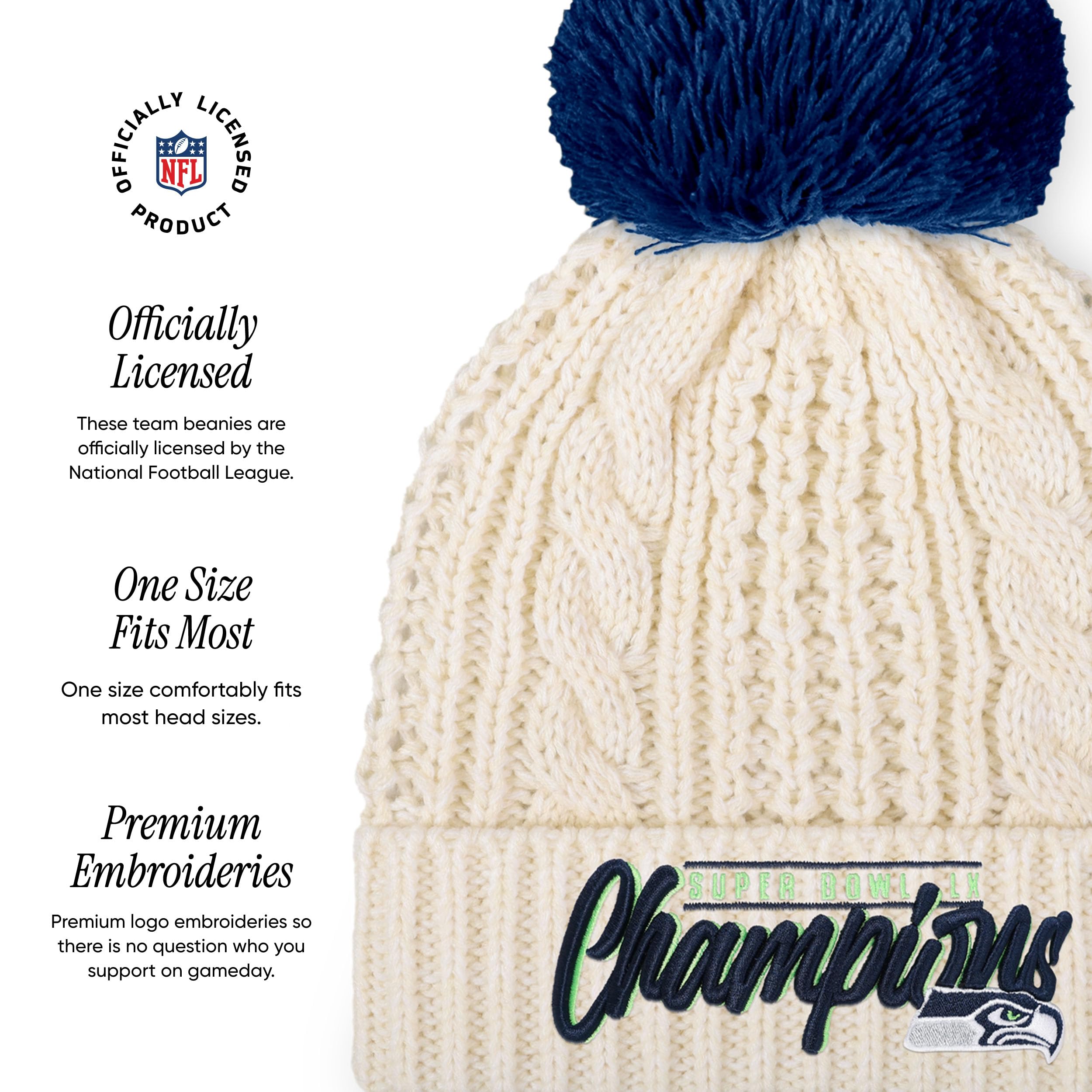 FOCO Seattle Seahawks NFL Super Bowl LX Champions Primary Logo White Cable Knit Pom Beanie - Sports Gifts, Sports Memorabilia, Sports Collectibles, Fan Shop