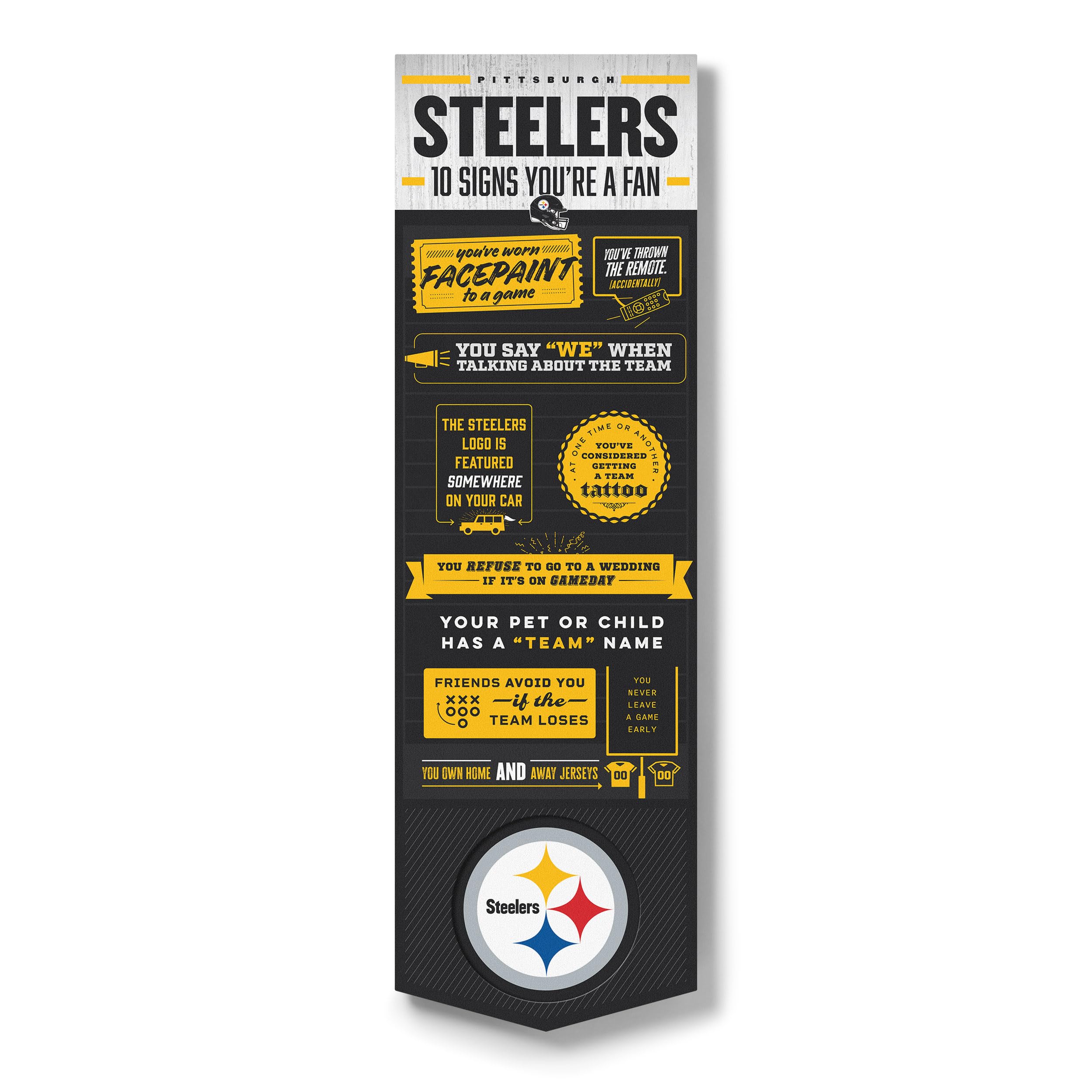 YouTheFan Officially-licensed NFL Pittsburgh Steelers 6x19 Top 10 Signs Banner - humorous descriptions - fun sports fan phrases, original design, indoor team wall decor fan gift - Sports Collectibles, Sports Memorabilia, Sports Fan Shop, Sports Gifts