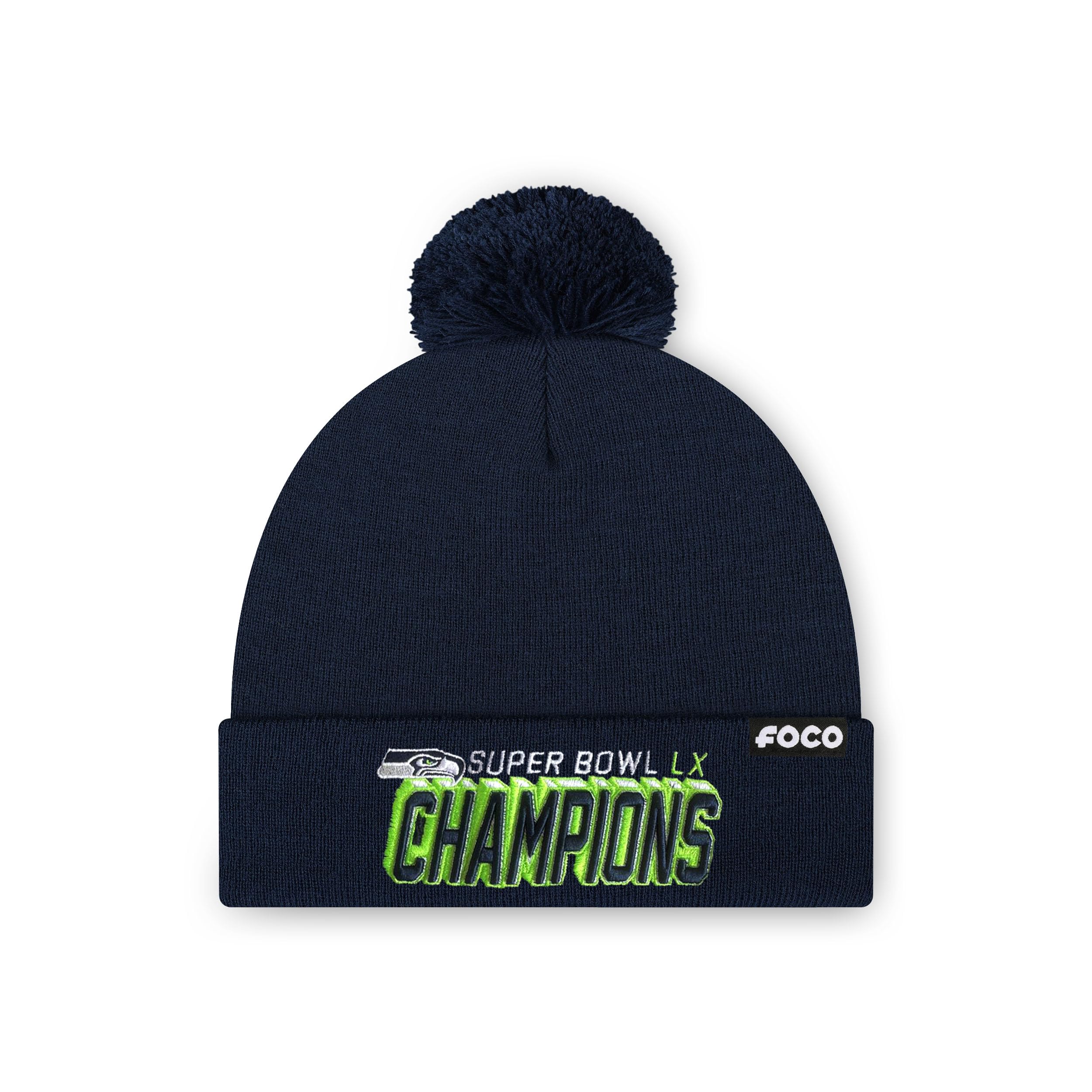 FOCO Seattle Seahawks NFL Super Bowl LX Champions Basic Primary Logo Pom Beanie - Sports Gifts, Sports Memorabilia, Sports Collectibles, Fan Shop