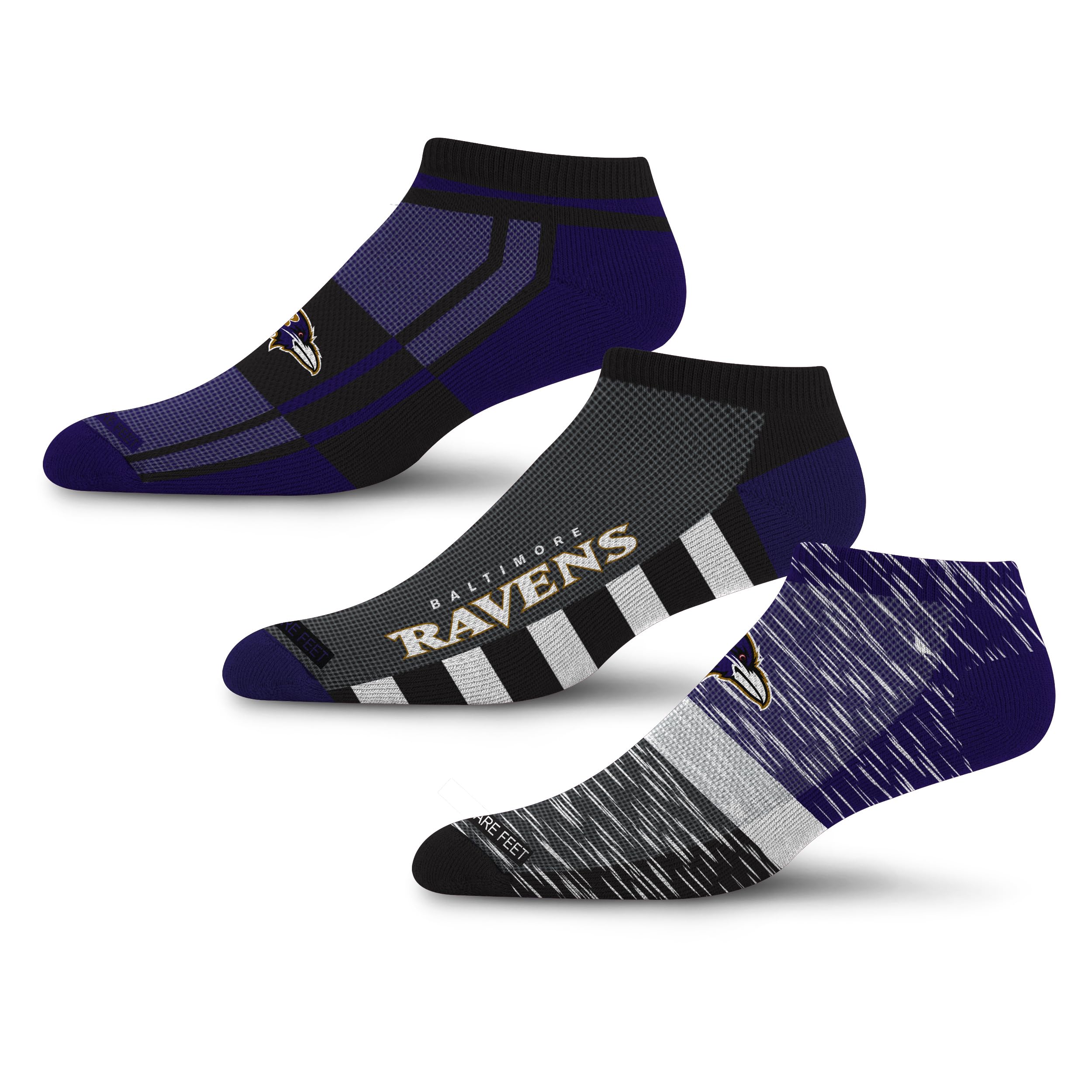 For Bare Feet NFL BALTIMORE RAVENS Stripe Stack 3 Pack Ankle Sock Team Colors Large - Sports Gifts, Sports Memorabilia, Sports Collectibles, Fan Shop