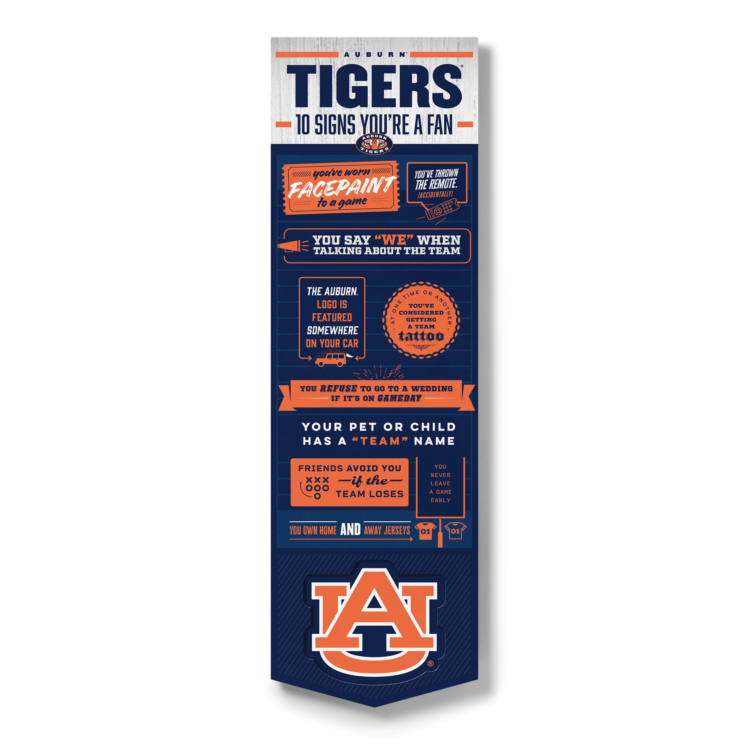YouTheFan Officially-licensed NCAA Auburn Tigers 6x19 Top 10 Signs Banner - humorous descriptions - fun sports fan phrases, original design, indoor team wall decor fan gift - Sports Collectibles, Sports Memorabilia, Sports Fan Shop, Sports Gifts