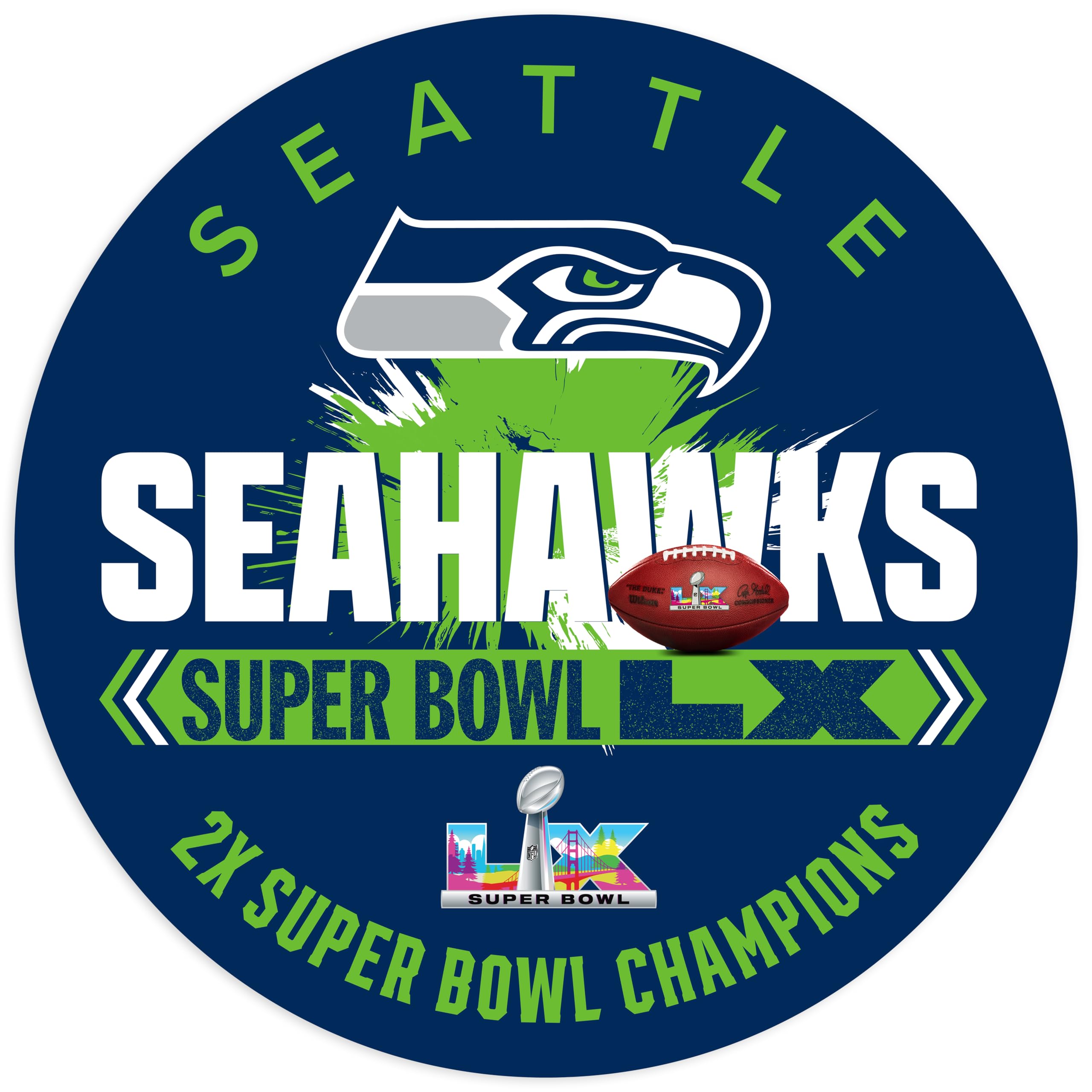Fan Creations NFL Seattle Seahawks Super Bowl LX Champions Sign - 12" Round MDF Wood Wall Decor - Official 2026 Championship Commemorative Plaque for Man Cave, Office, Home - Sports Gifts, Sports Memorabilia, Sports Collectibles, Fan Shop