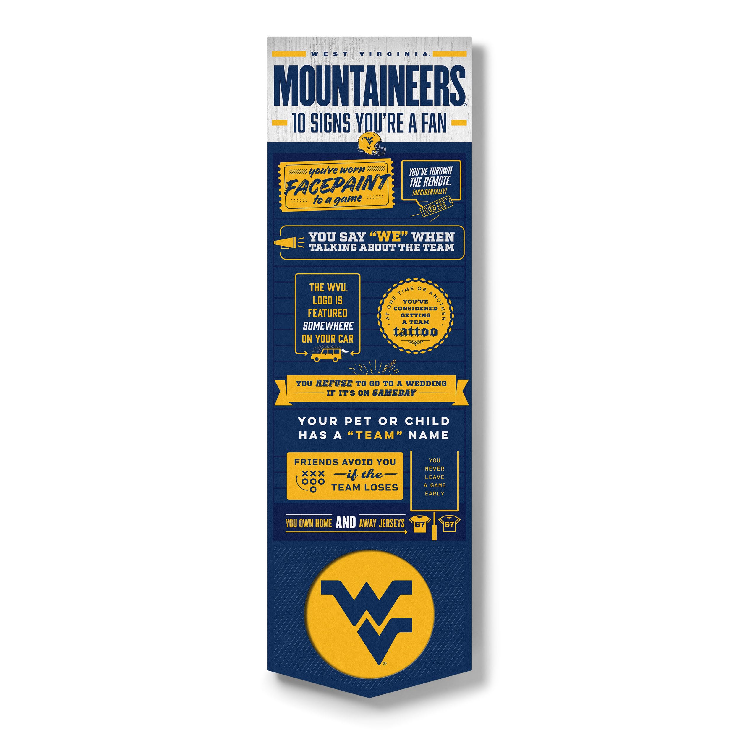 YouTheFan Officially-licensed NCAA West Virginia Mountaineers 6x19 Top 10 Signs Banner - humorous descriptions - fun sports fan phrases, original design, indoor team wall decor fan gift - Sports Collectibles, Sports Memorabilia, Sports Fan Shop, Sports Gifts