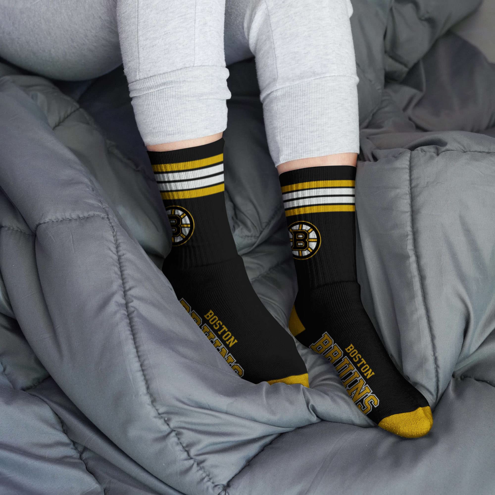 For Bare Feet NHL Boston Bruins 4 Stripe Deuce Crew Sock Team Color LARGE - Sports Gifts, Sports Memorabilia, Sports Collectibles, Fan Shop