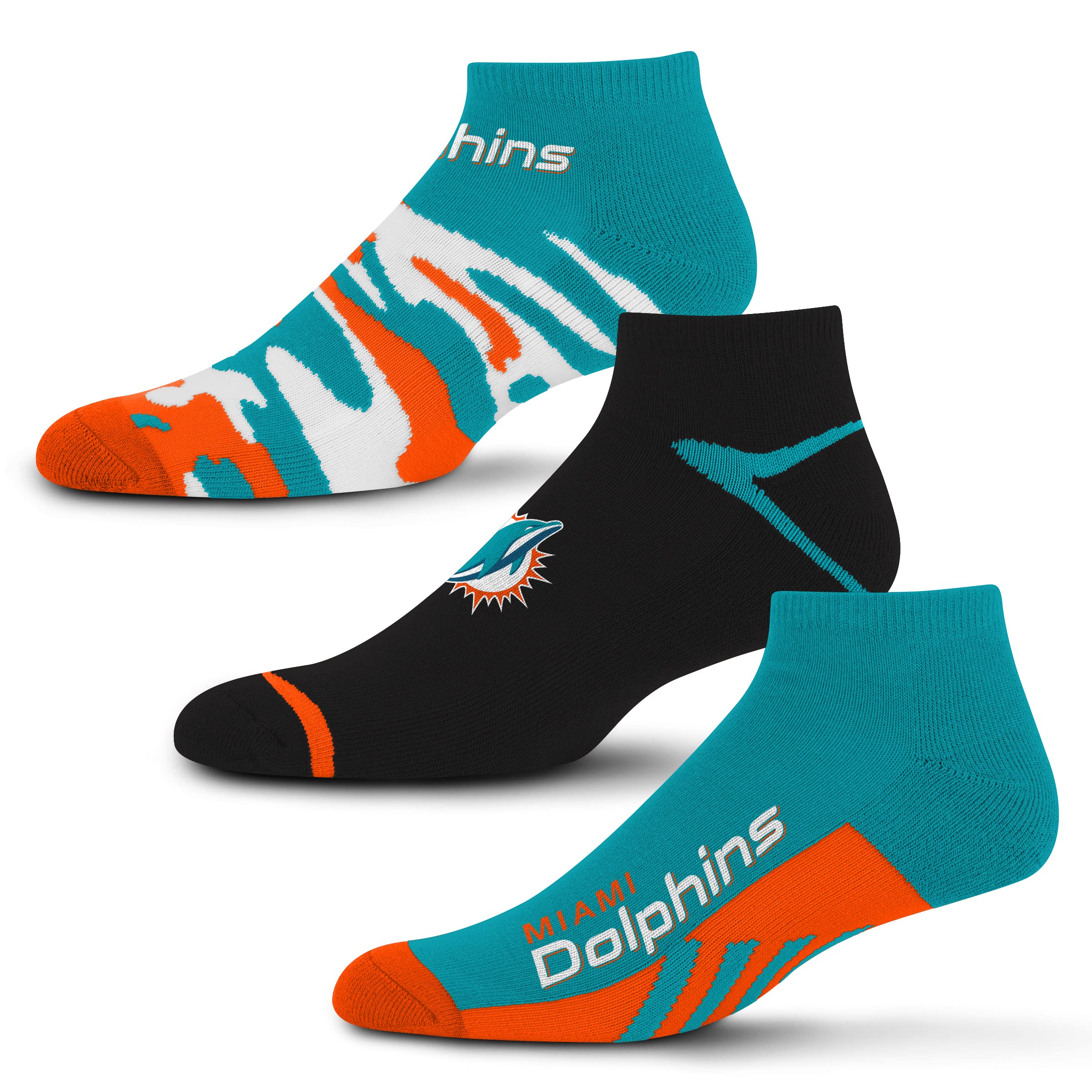 For Bare Feet NFL Miami Dolphins CAMO BOOM 3 Pack Ankle Sock Team Colors Large - Sports Gifts, Sports Memorabilia, Sports Collectibles, Fan Shop
