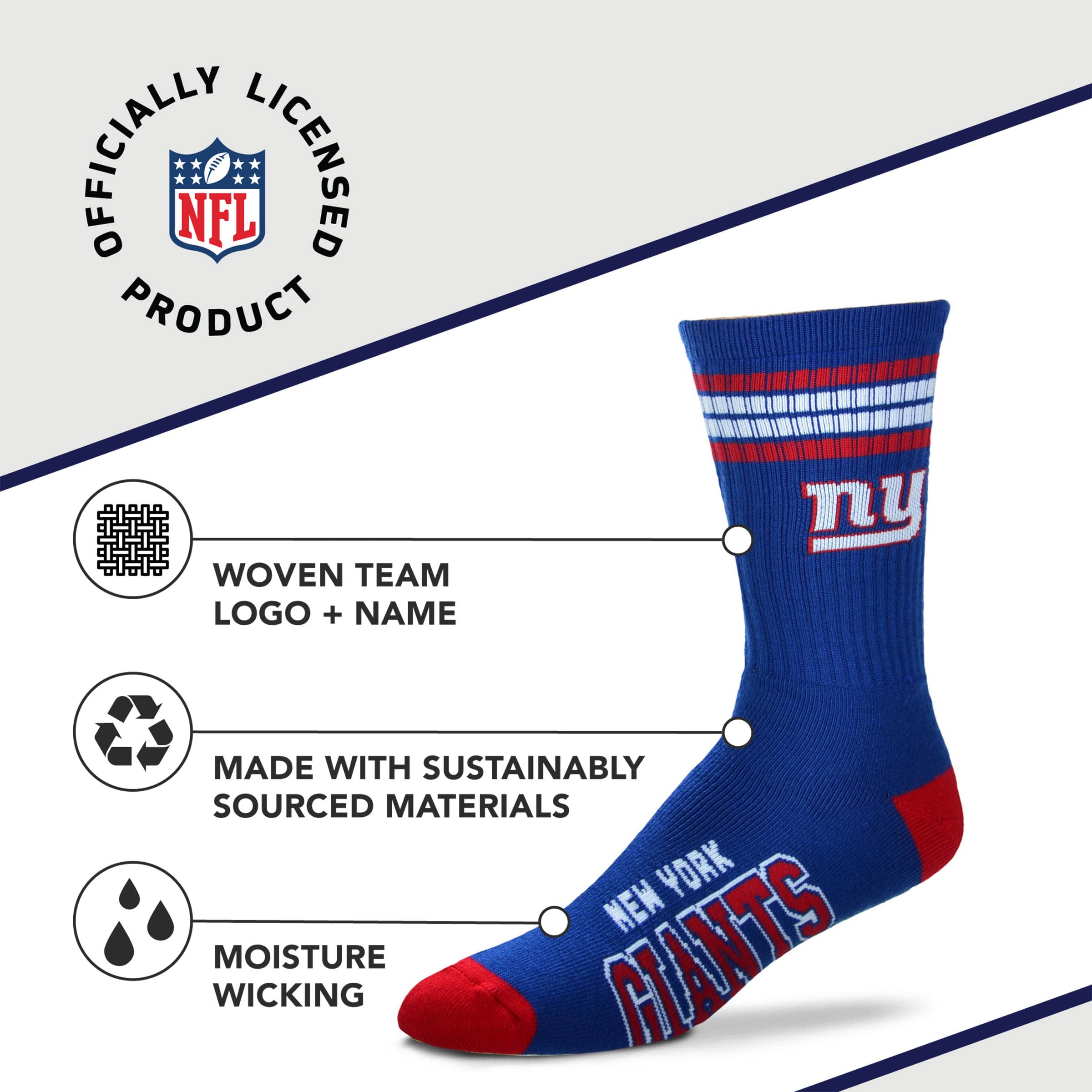 For Bare Feet NFL Youth 4 Stripe Deuce Crew Sock, New York Giants, One Size - Sports Gifts, Sports Memorabilia, Sports Collectibles, Fan Shop