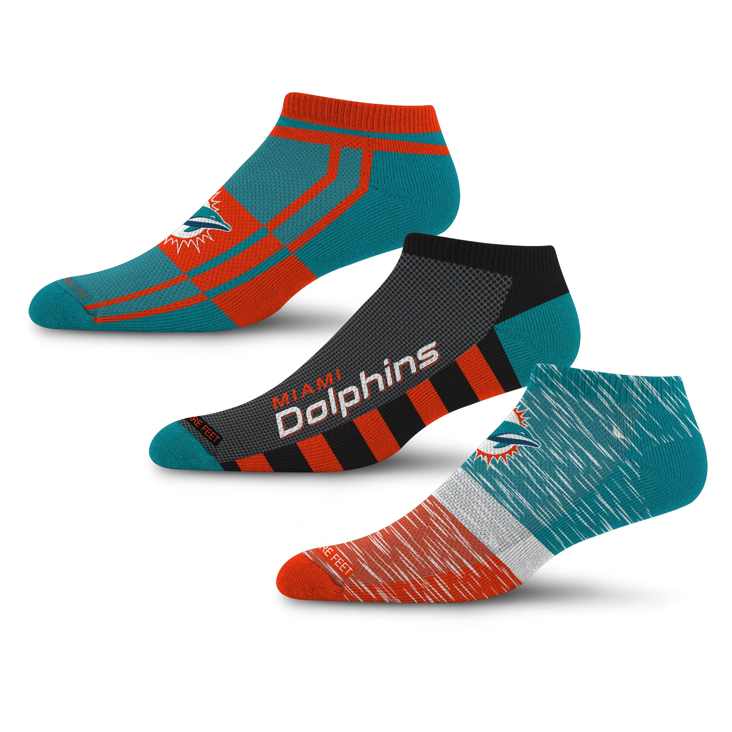 For Bare Feet NFL MIAMI DOLPHINS Stripe Stack 3 Pack Ankle Sock Team Colors Large - Sports Gifts, Sports Memorabilia, Sports Collectibles, Fan Shop