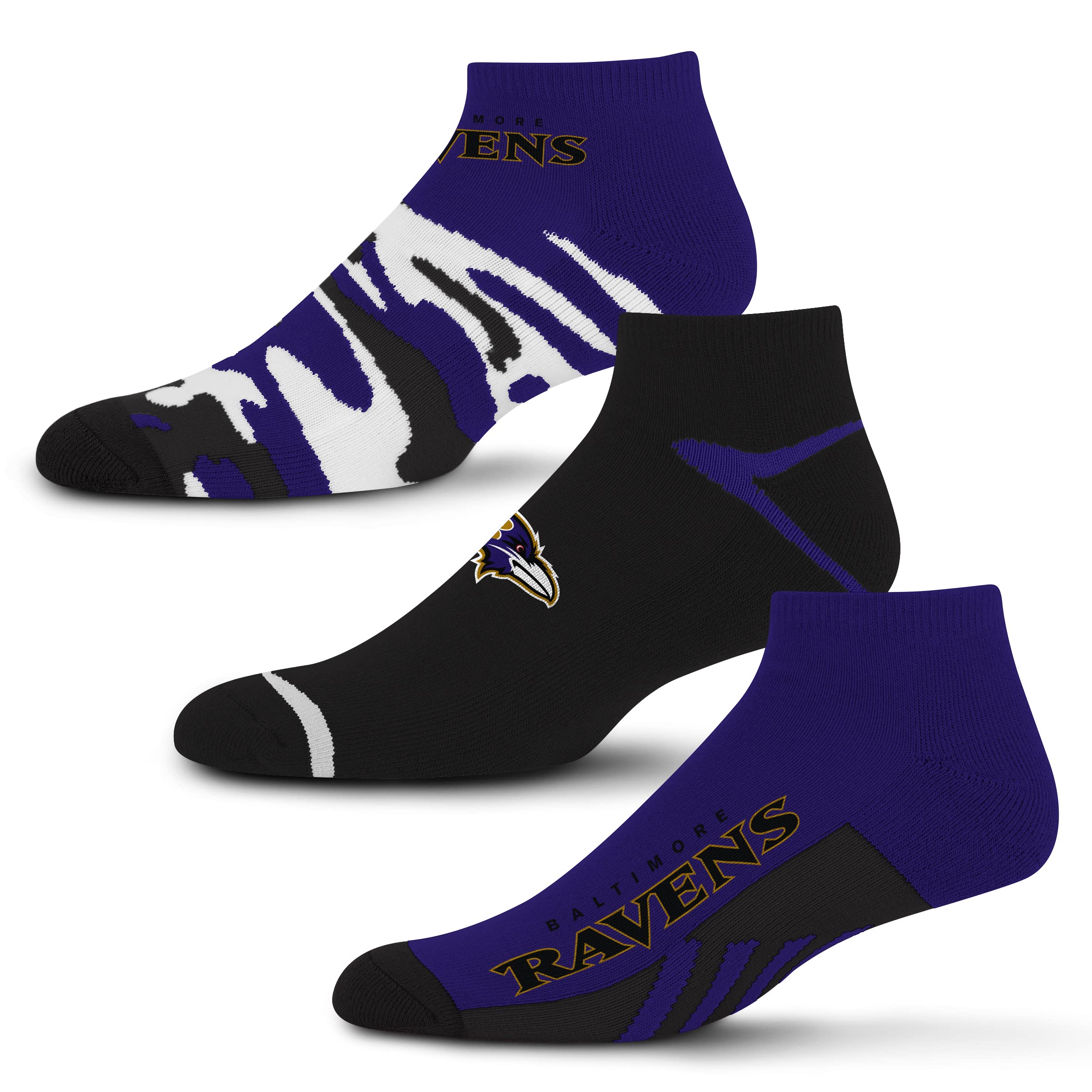 For Bare Feet NFL Baltimore Ravens CAMO BOOM 3 Pack Ankle Sock Team Colors Large - Sports Gifts, Sports Memorabilia, Sports Collectibles, Fan Shop