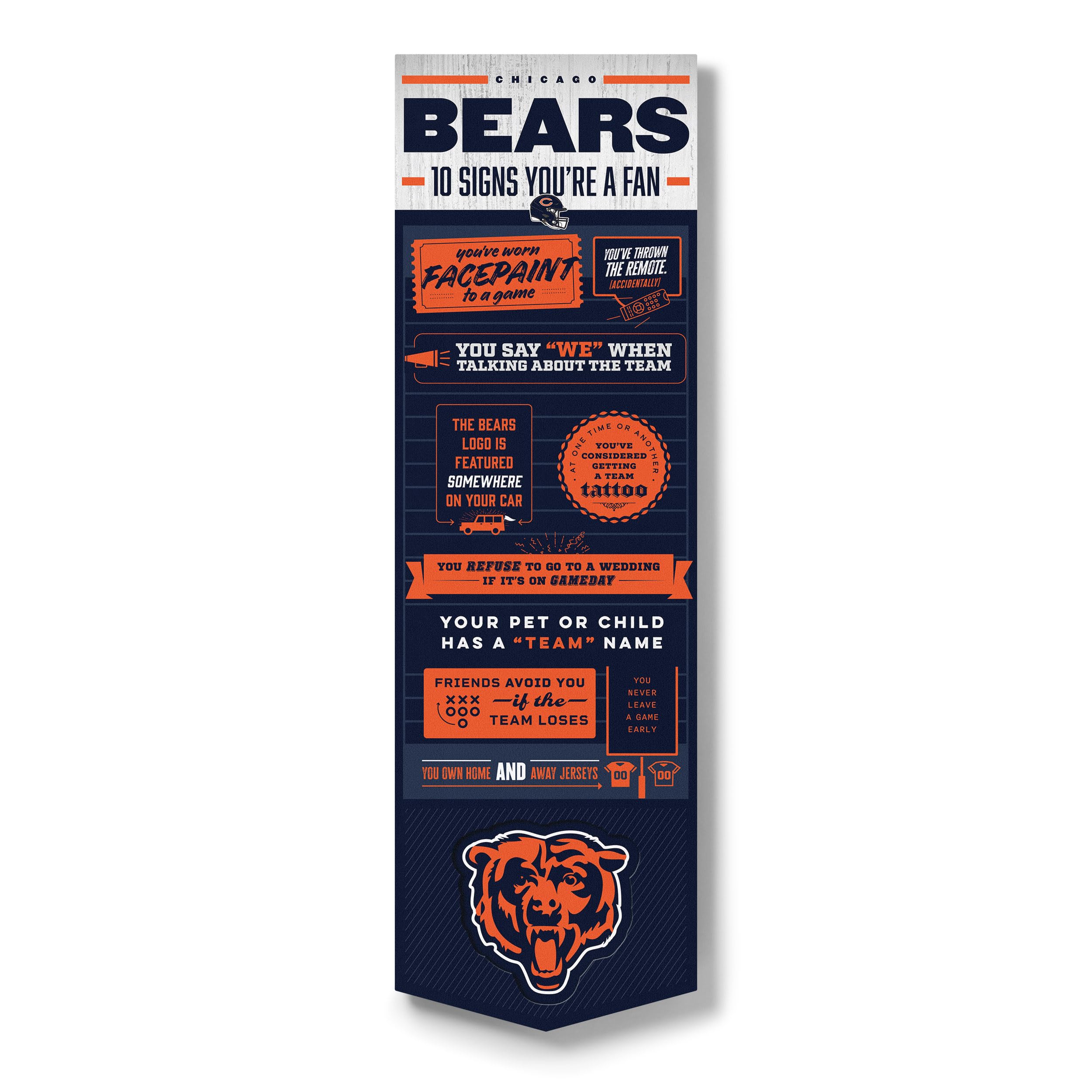 YouTheFan Officially-licensed NFL Chicago Bears 6x19 Top 10 Signs Banner - humorous descriptions - fun sports fan phrases, original design, indoor team wall decor fan gift - Sports Collectibles, Sports Memorabilia, Sports Fan Shop, Sports Gifts