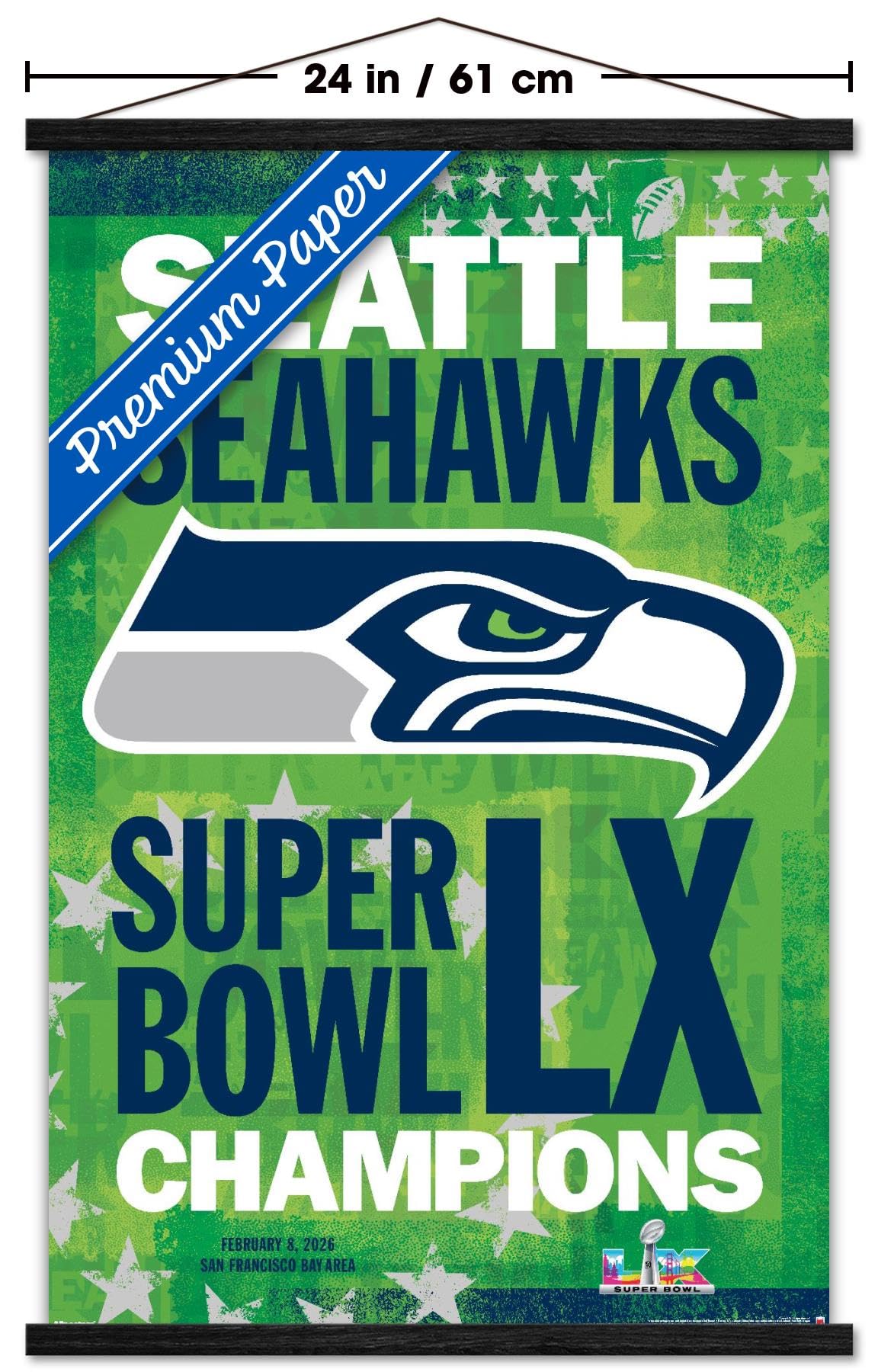 NFL Seattle Seahawks - Super Bowl LX Team Logo Wall Poster with Magnetic Frame, 34L" x 22.4W", Premium Print and Black Hanger Bundle - Sports Gifts, Sports Memorabilia, Sports Collectibles, Fan Shop