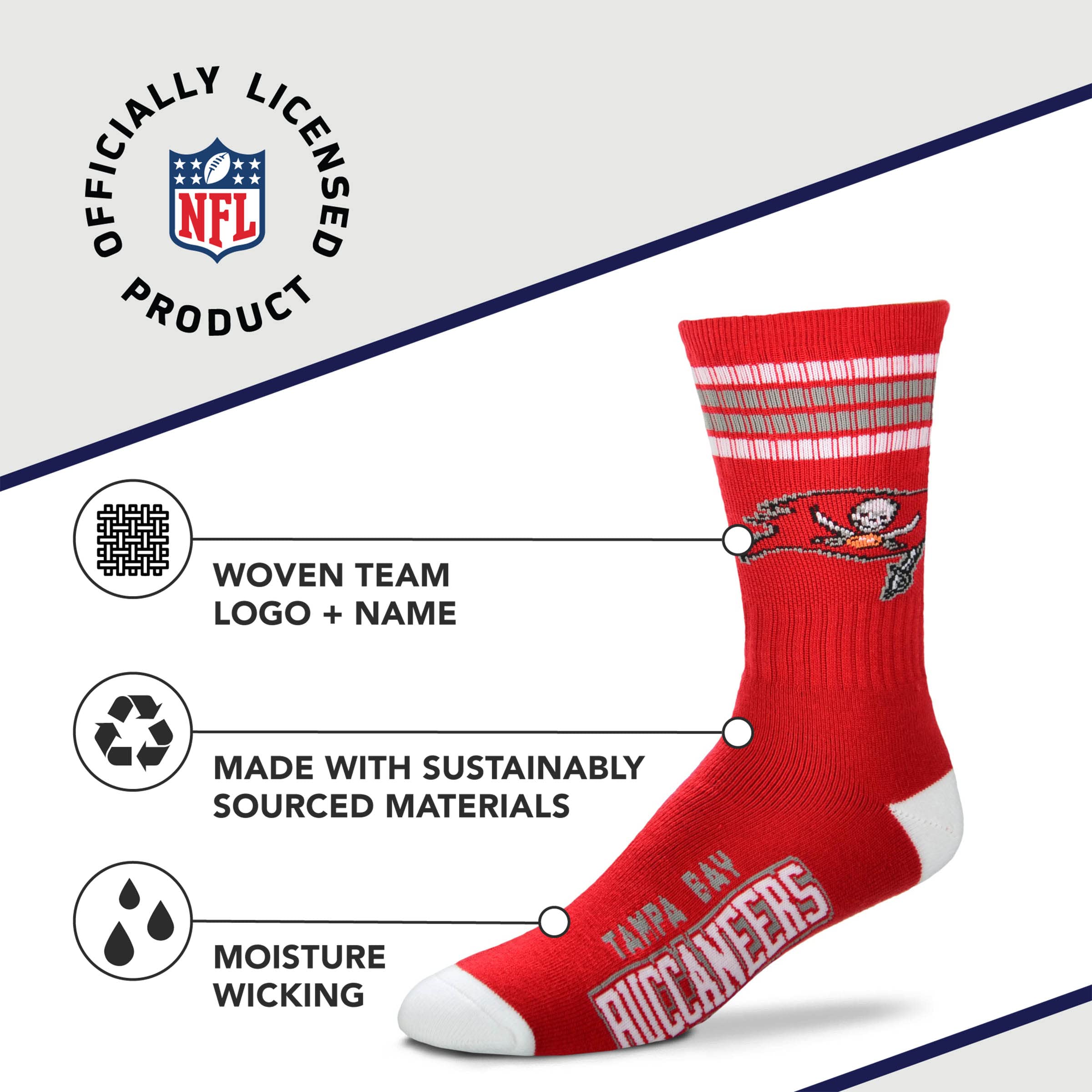 For Bare Feet NFL Youth 4 Stripe Deuce Crew Sock, Tampa Bay Buccaneers, One Size - Sports Gifts, Sports Memorabilia, Sports Collectibles, Fan Shop