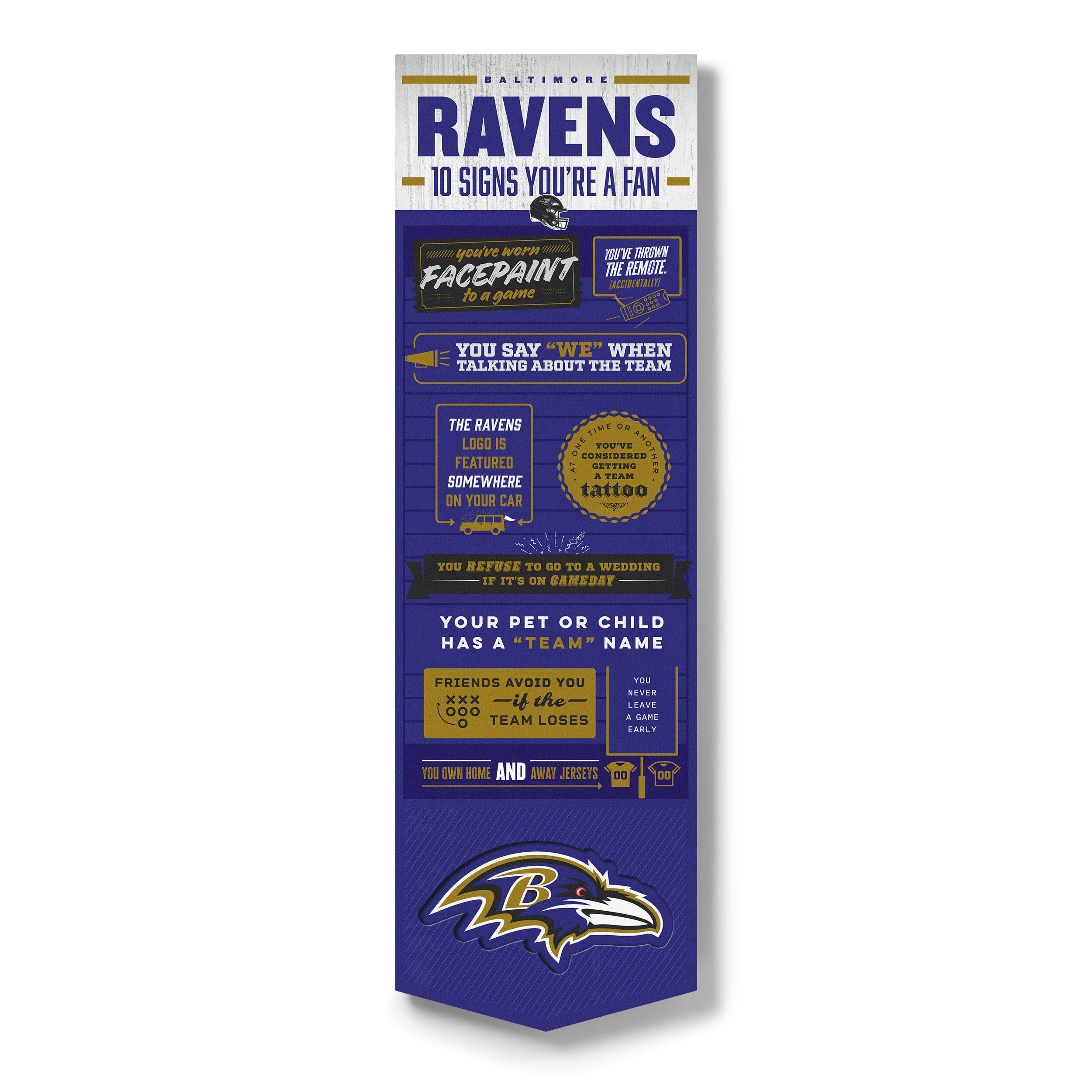 YouTheFan Officially-licensed NFL Baltimore Ravens 6x19 Top 10 Signs Banner - humorous descriptions - fun sports fan phrases, original design, indoor team wall decor fan gift - Sports Collectibles, Sports Memorabilia, Sports Fan Shop, Sports Gifts