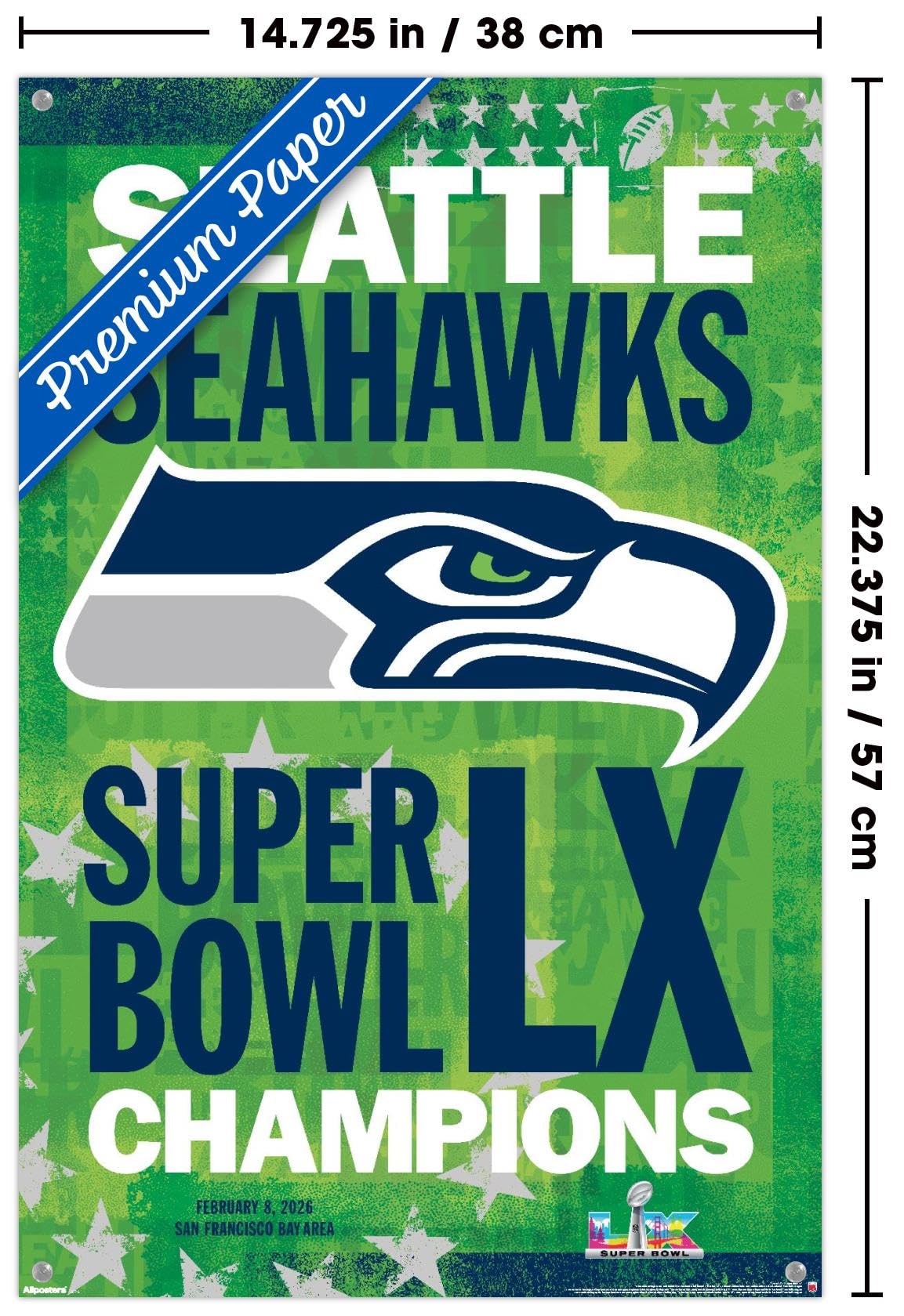 NFL Seattle Seahawks - Super Bowl LX Team Logo Wall Poster with Push Pins, 22.4L" x 14.7W", Premium Poster & Push Pin Bundle - Sports Gifts, Sports Memorabilia, Sports Collectibles, Fan Shop