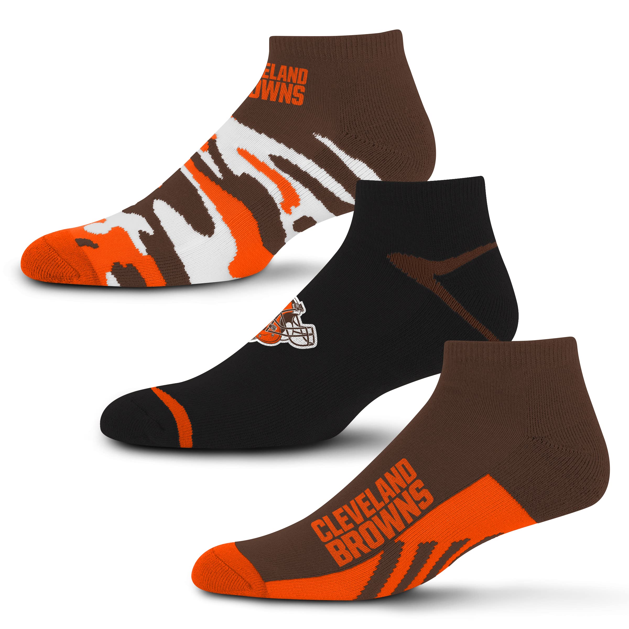For Bare Feet NFL Cleveland Browns CAMO BOOM 3 Pack Ankle Sock Team Colors Large - Sports Gifts, Sports Memorabilia, Sports Collectibles, Fan Shop