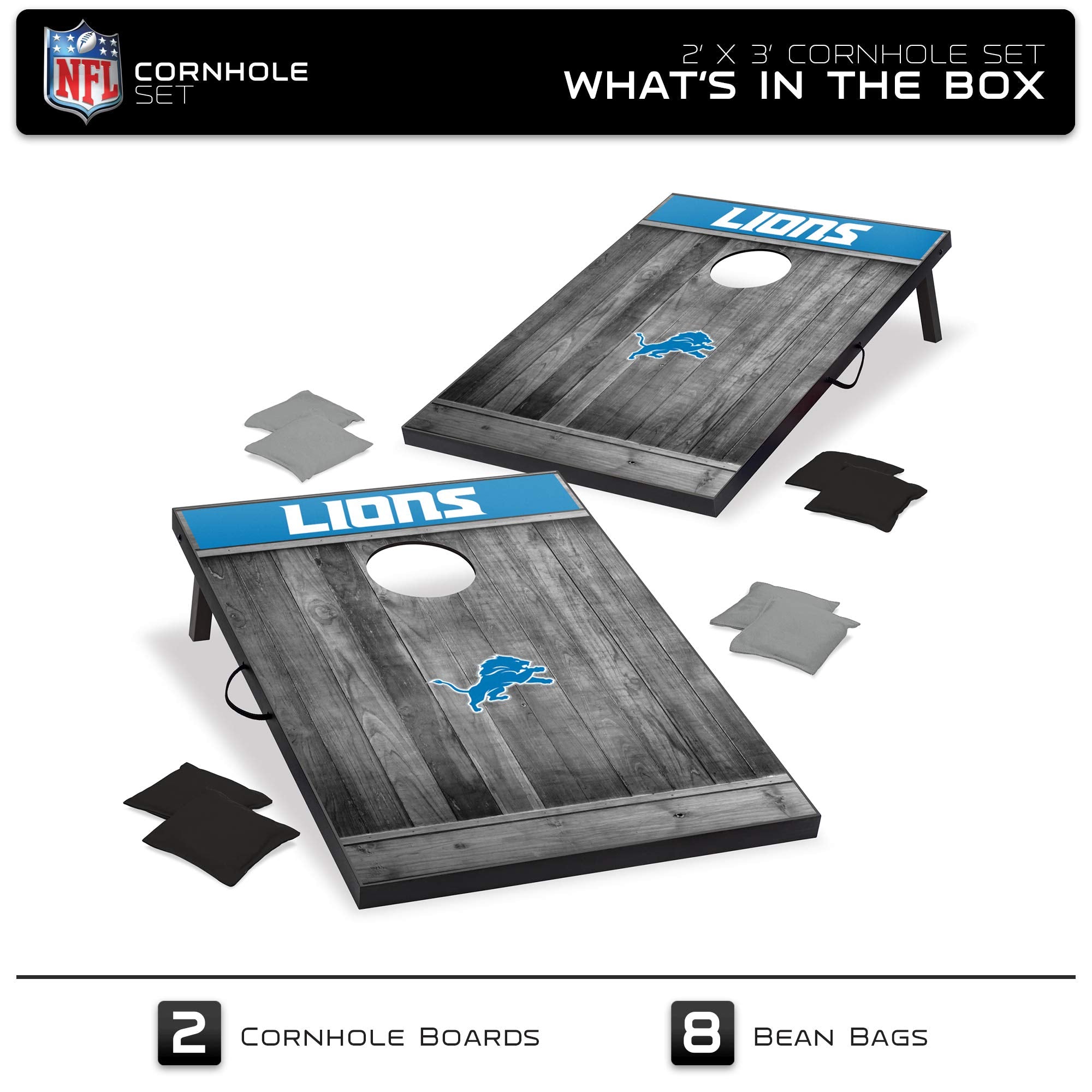 Wild Sports 2'x3' MDF Wood NFL Detroit Lions Cornhole Set - Grey Wood Design - Sports Collectibles, Sports Memorabilia, Sports Fan Shop, Sports Gifts