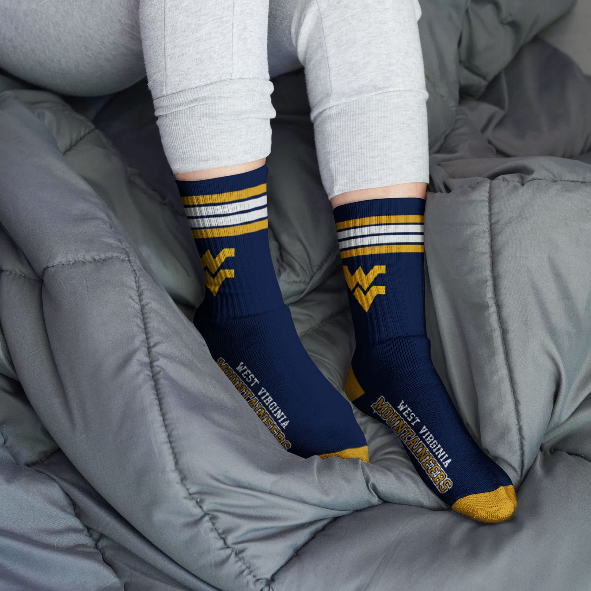 For Bare Feet NCAA West Virginia Mountaineers 4 Stripe Deuce Crew Sock Team Color MEDIUM - Sports Gifts, Sports Memorabilia, Sports Collectibles, Fan Shop