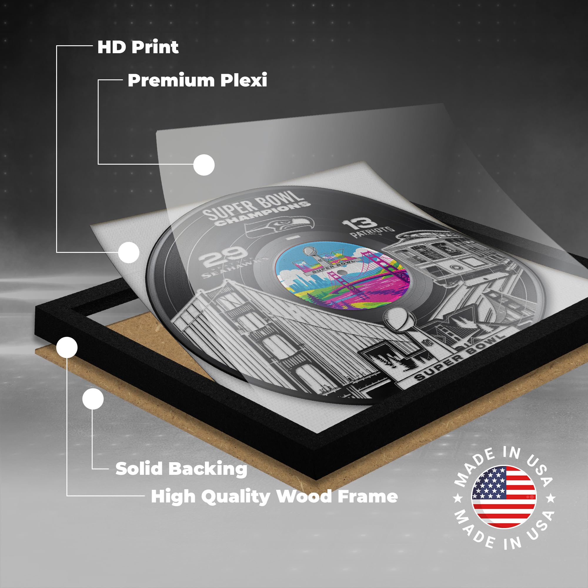 Seattle Seahawks Super Bowl 60 Champions Vinyl Record Framed Art Print, Official NFL Football Wall Decor, 13 x 13 - Sports Gifts, Sports Memorabilia, Sports Collectibles, Fan Shop