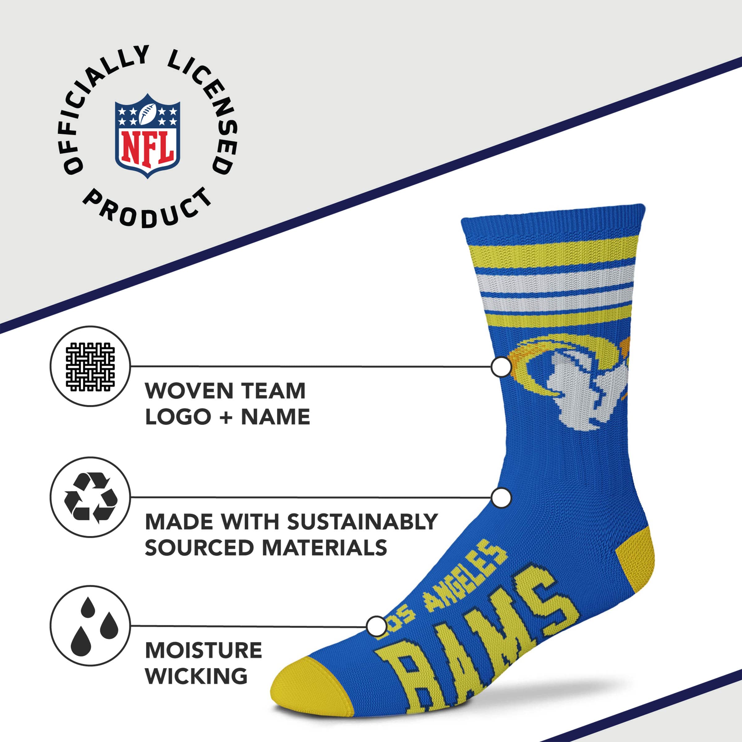 For Bare Feet NFL Youth 4 Stripe Deuce Crew Sock, Los Angeles Rams, One Size - Sports Gifts, Sports Memorabilia, Sports Collectibles, Fan Shop