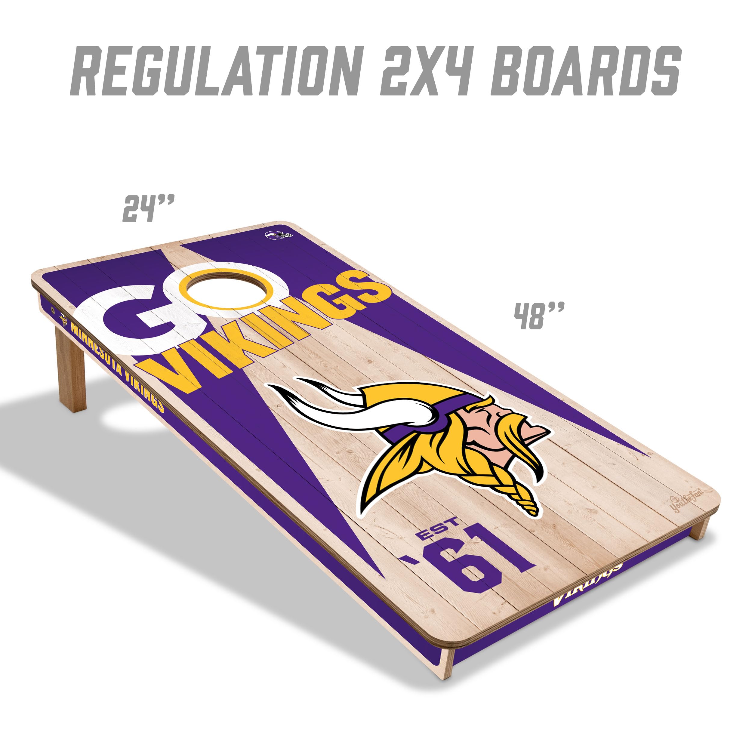 YouTheFan NFL Minnesota Vikings 2’ x 4’ Professional Wood Cornhole Game with Logo Bags - Sports Collectibles, Sports Memorabilia, Sports Fan Shop, Sports Gifts