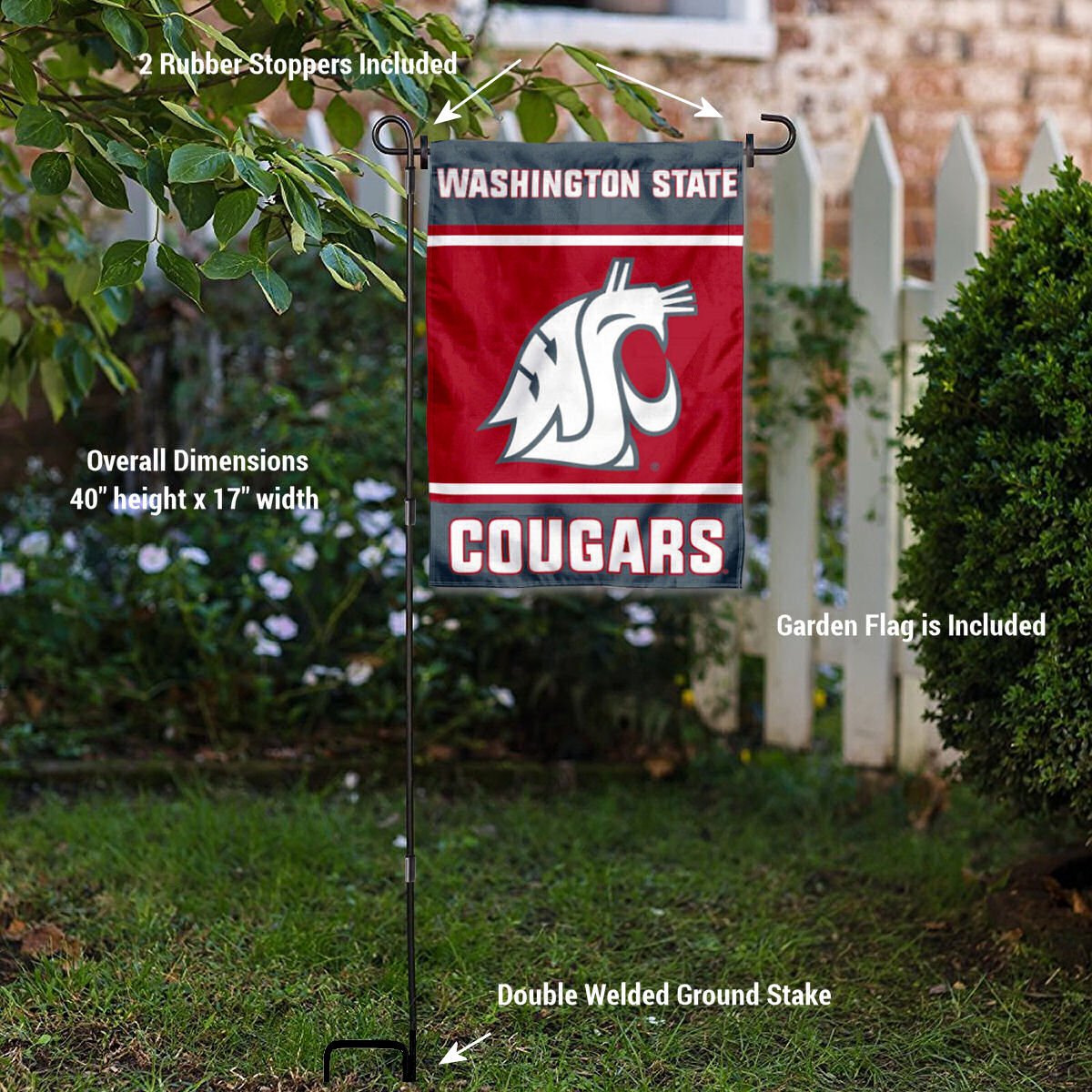 College Flags & Banners Co. Washington State Cougars Garden Flag with Stand Holder - Sports Collectibles, Sports Memorabilia, Sports Fan Shop, Sports Gifts
