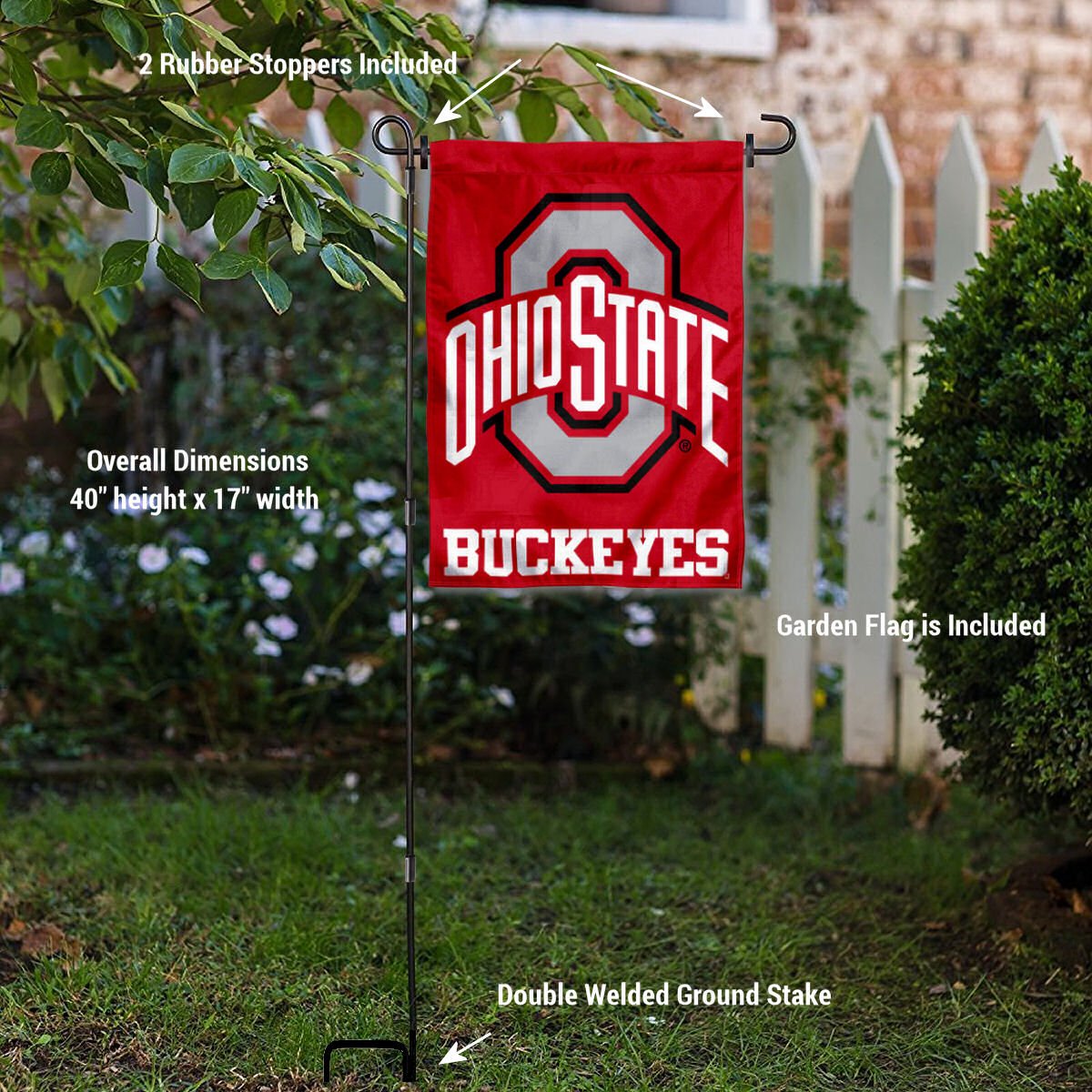 College Flags & Banners Co. Ohio State Buckeyes Garden Flag with Stand Holder - Sports Collectibles, Sports Memorabilia, Sports Fan Shop, Sports Gifts