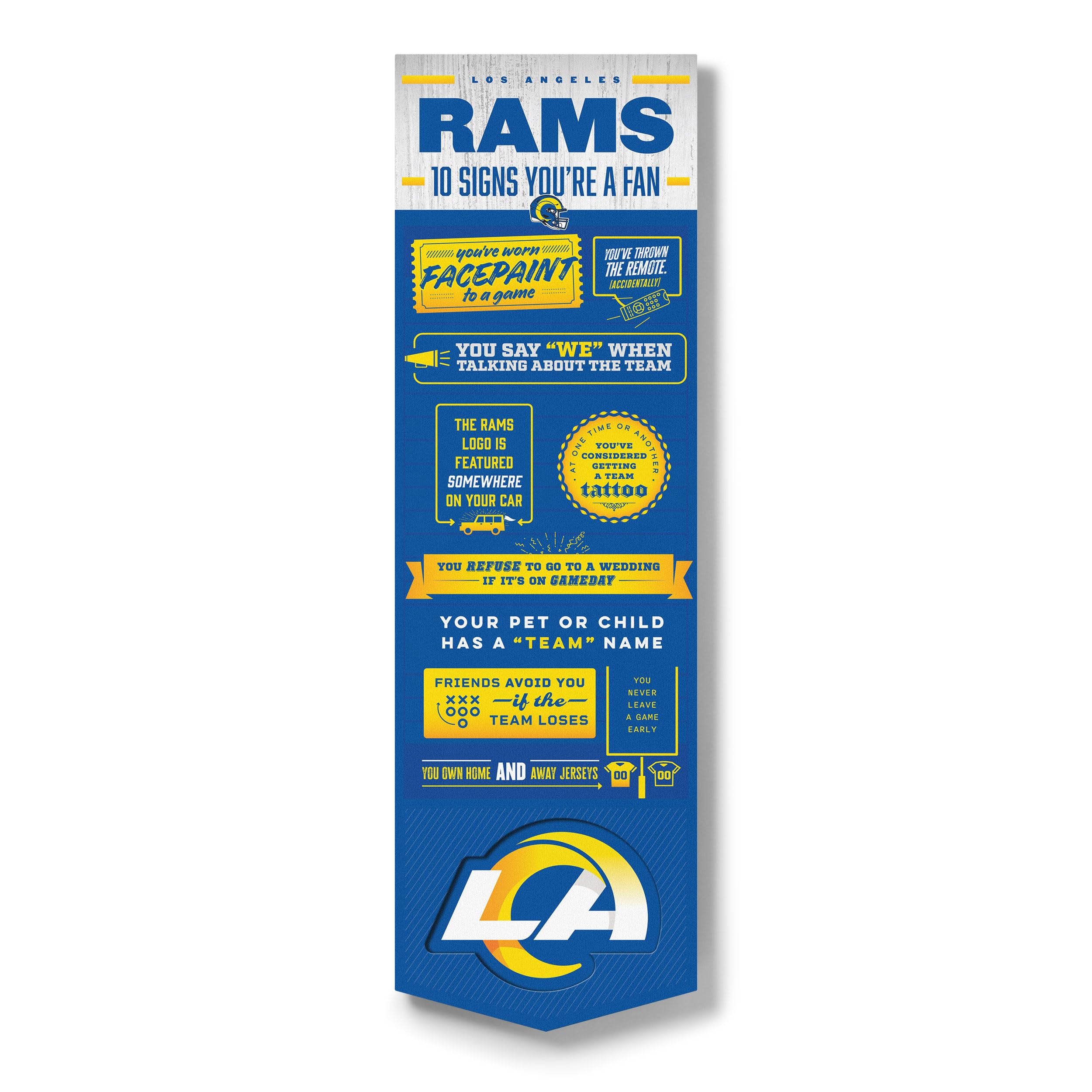 YouTheFan Officially-licensed NFL Los Angeles Rams 6x19 Top 10 Signs Banner - humorous descriptions - fun sports fan phrases, original design, indoor team wall decor fan gift - Sports Collectibles, Sports Memorabilia, Sports Fan Shop, Sports Gifts