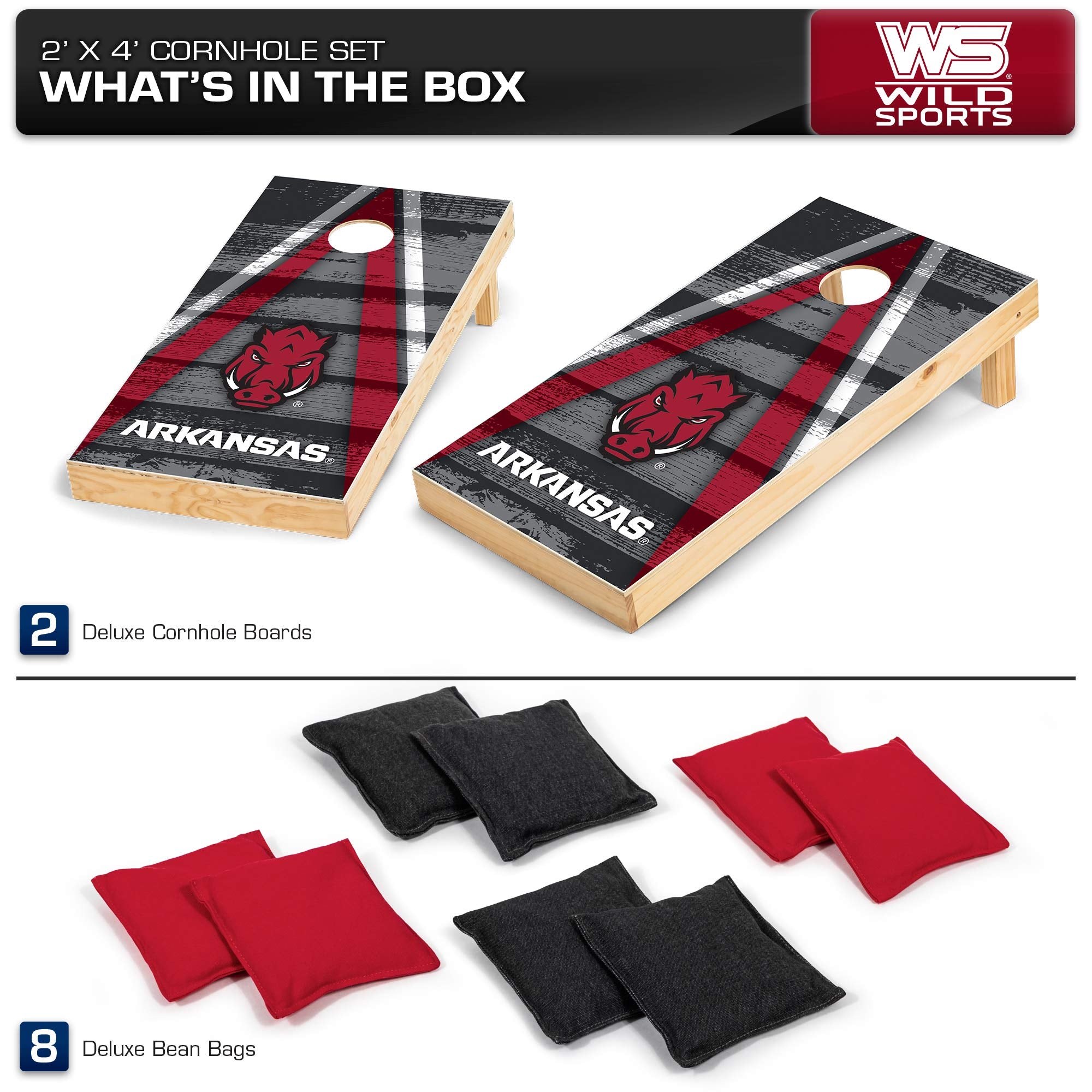 Wild Sports 2' x 4' Wood Tournament Cornhole Set - Direct Printed - Arkansas Razorbacks- perfect for Backyard, Beach, Park, Tailgates, Outdoors and Indoors - Sports Collectibles, Sports Memorabilia, Sports Fan Shop, Sports Gifts